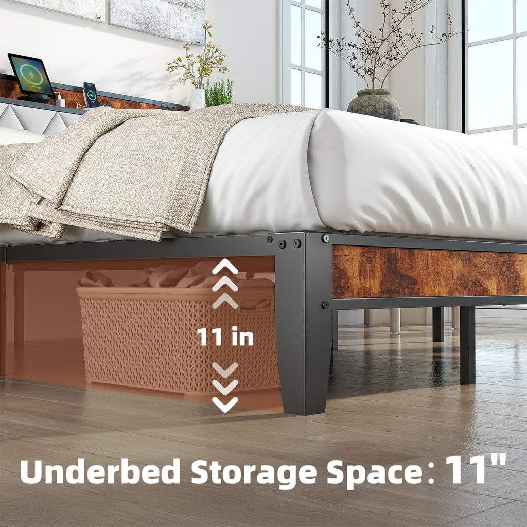 UOCFYK Queen Bed Frame, Platform Bed Frame with Storage Headboard with Charging Station, All Sturdy Metal Support, No Box Spring Needed, Easily Assemble, Grey + Brown