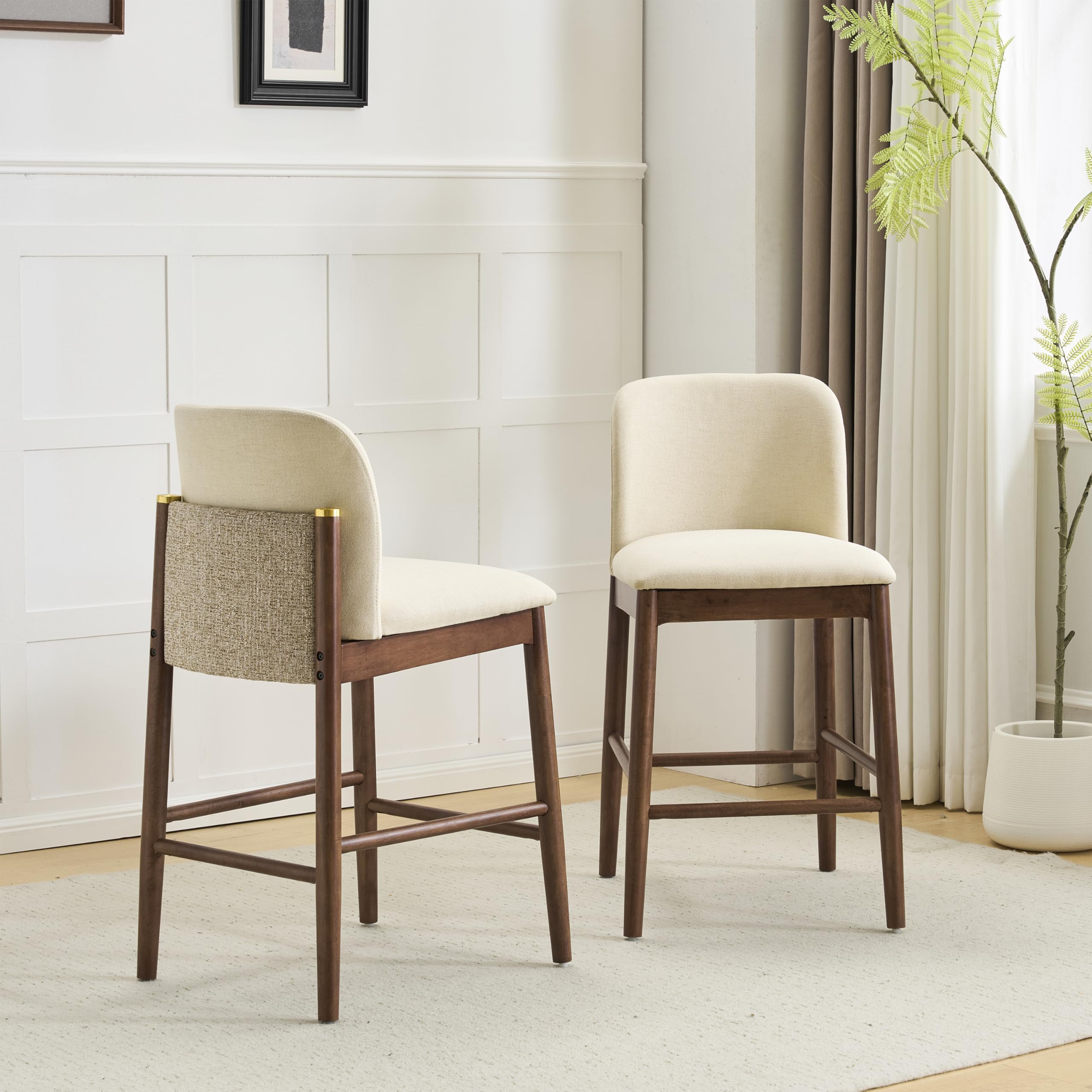 Christopher Knight Home Yumi Counter Height Bar Stools Set of 2, Fabric Upholstered Bar Stool for Kitchen Island, Armless Rubberwood Counter Stools with Solid Backrest + Footrest, Beige + Dark Walnut
