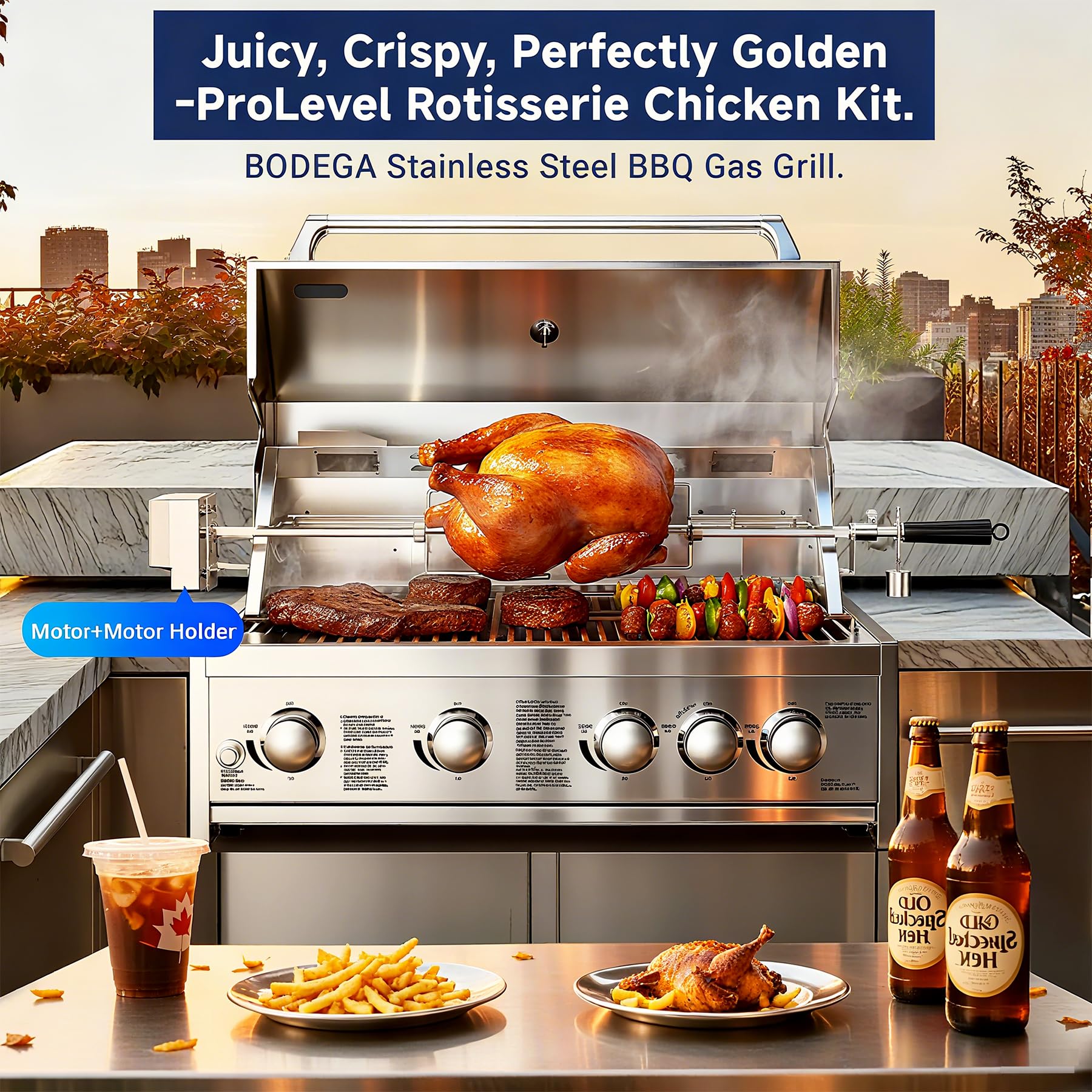 BODEGA 30 Inch Propane Gas Grill, 4x12000-BTU Gas Grill & 1x10000-Infrared Back Burner, Stainless Steel 5-Burner Propane Grill for Outdoor Kitchen, Rotisserie Chicken Fork Kit | Backyard BBQ, Camping.