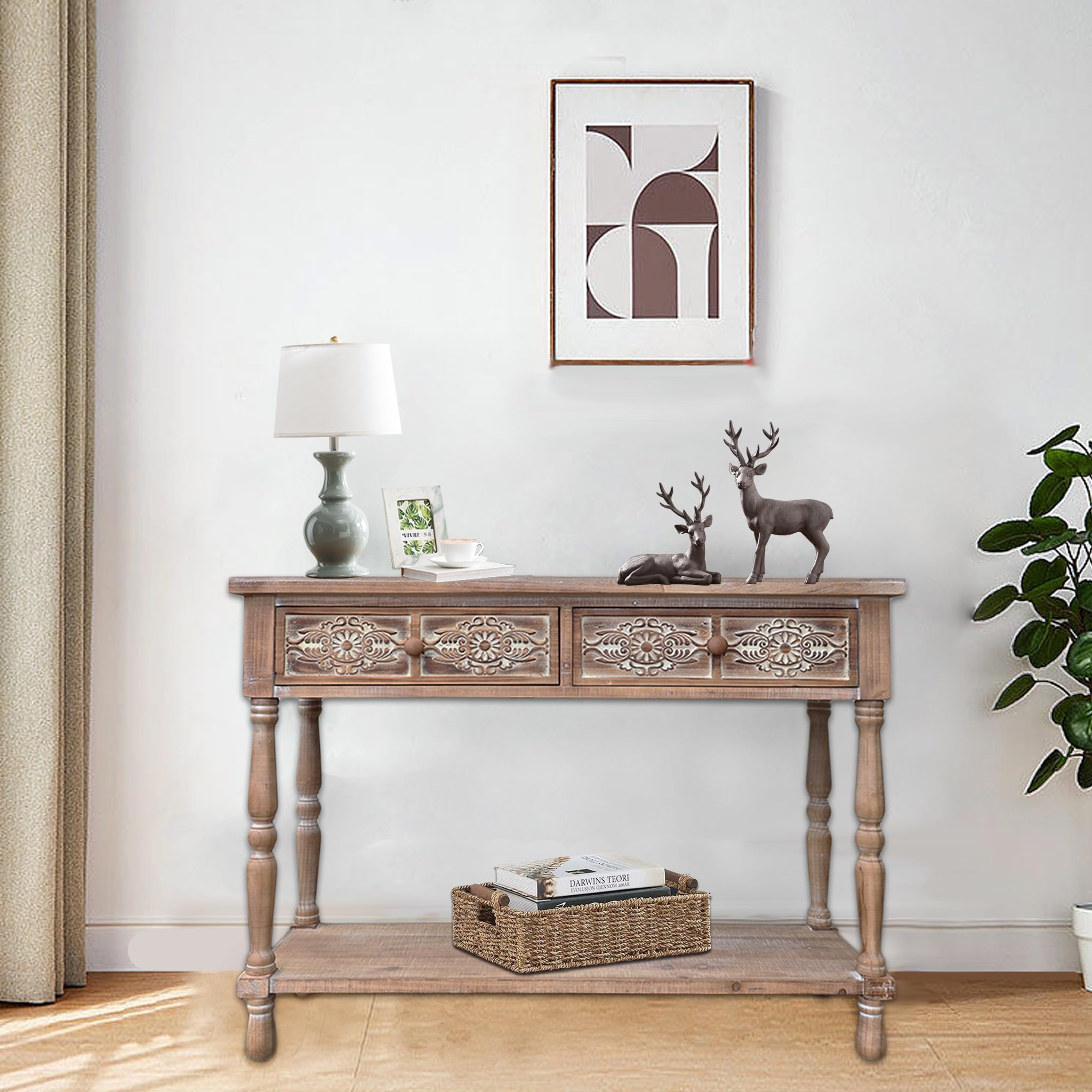 PARISLOFT Vintage Wood End Table with 2 Drawers and 1 Bottom Shelf,Rustic Console Table Storage, Accent Entryway Table Furniture,Antique Brown,42”Wx32”H