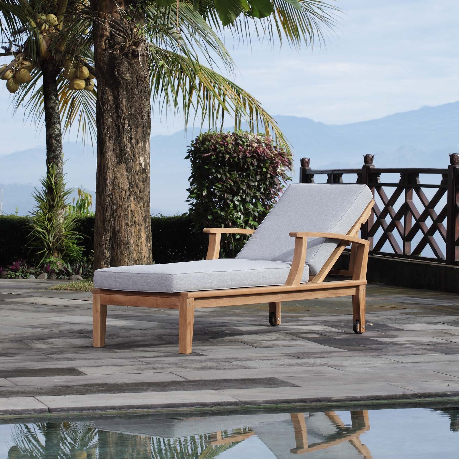 Modway EEI-1151-NAT-GRY-SET Marina Premium Grade A Teak Wood Outdoor Patio Chaise Lounge Chair, Natural Gray