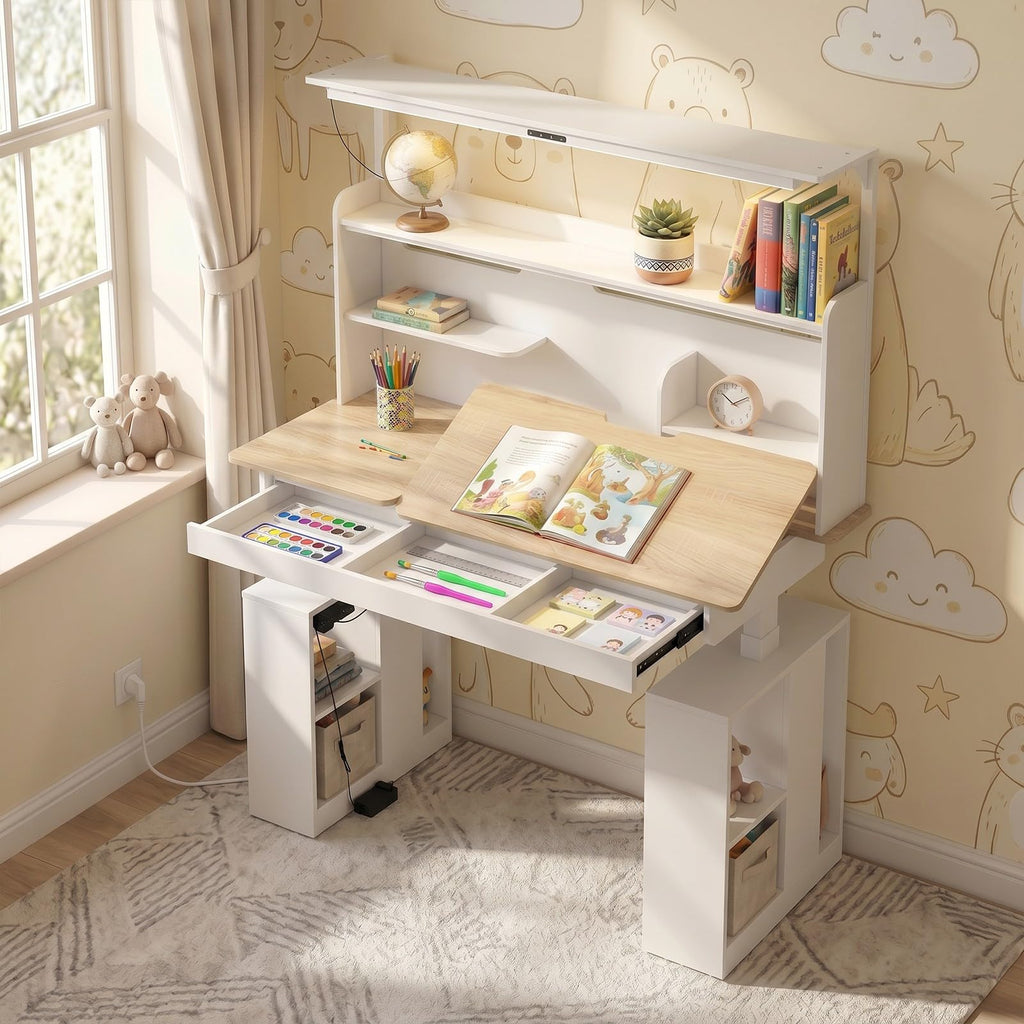 MOUMON 55" Electric Standing Drafting Table with Lights and Tiltable Desktop, Height Adjustable Drawing Table with Memory Presets, Drawer and Side Shelves, White and Oak 55.1" W x 23.6" D x 63"-79" H