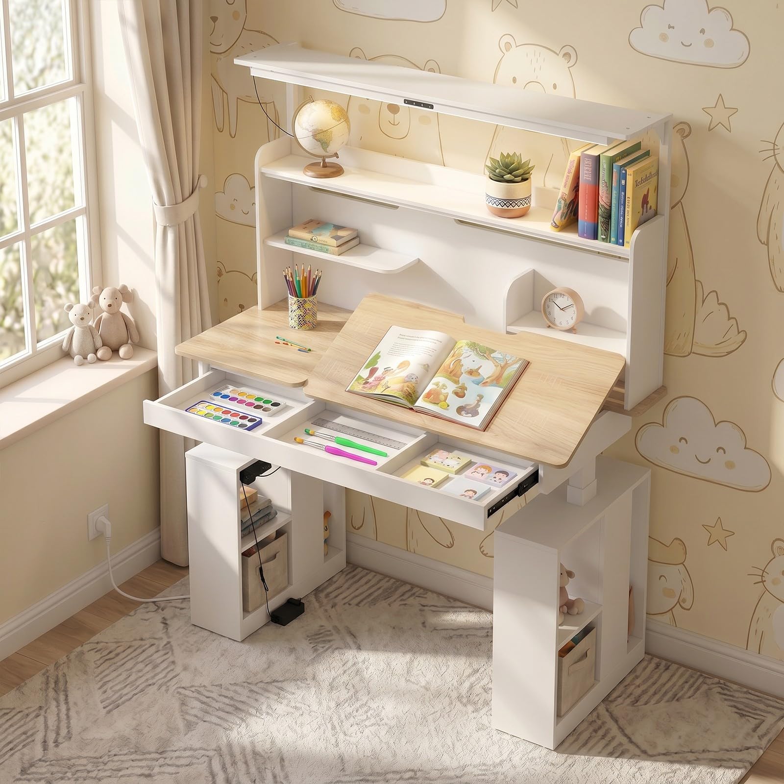 MOUMON 55" Electric Standing Drafting Table with Lights and Tiltable Desktop, Height Adjustable Drawing Table with Memory Presets, Drawer and Side Shelves, White and Oak 55.1" W x 23.6" D x 63"-79" H