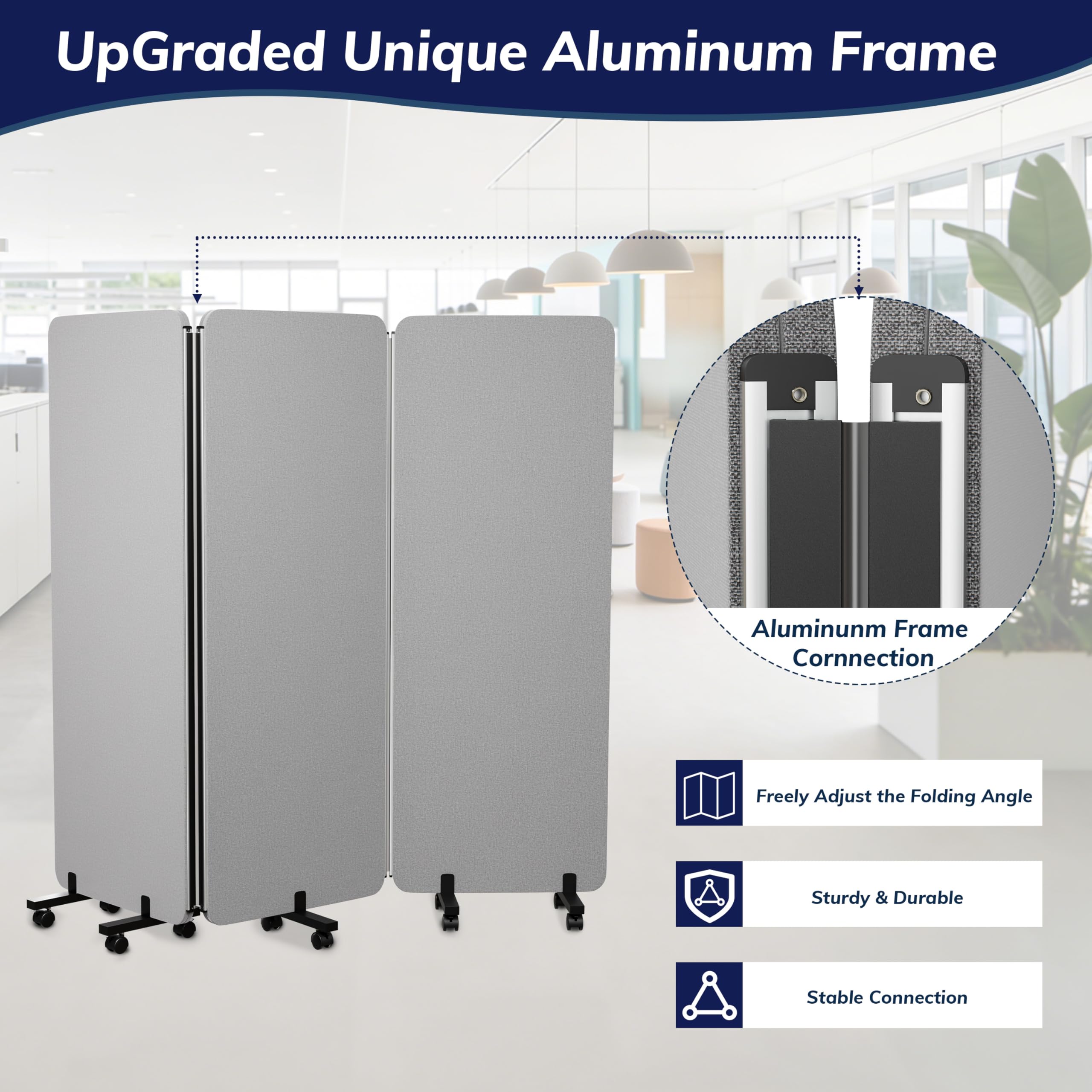 KERRAM 3 Panel Foldable Office Partitions, Mobile Cubicle Wall with Wheels, 71 x 66 Inch Noise Cancelling & Sound Proof Room Dividers Partition Wall, Aluminum Frame Gray