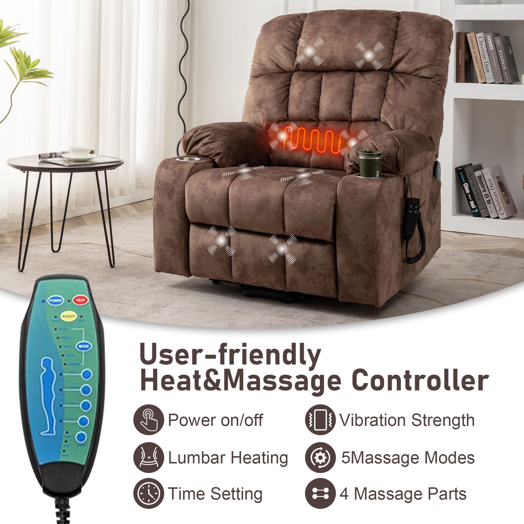 Oversized Power Recliner Chair for Big and Tall 400 LBS, 25.5" Extra Wide Electric Lift Chair with Heat and Massage, Dual Motor 180° Lay Flat Recliner Living Room Sofa, Velvet Big Lift Recliner