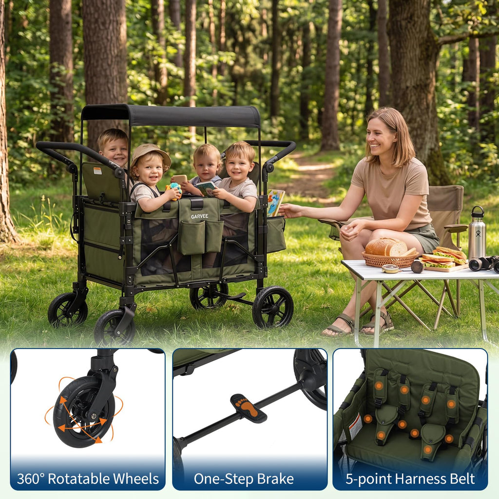 Stroller Wagon for 4 Kids, Premium Quad Stroller Wagon with 4 Convertible Seats, Adjustable Push/Pull Handles, 5-Point Harness Belt, Snack Tray, Removable Canopy & Flat Fold, One-Step Brake, Green