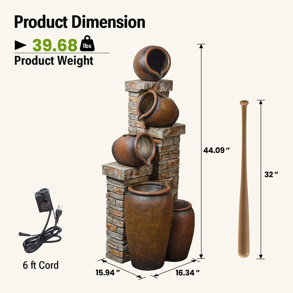 Dalxo 44-Inch Outdoor Water Fountain, 5-Tier Floor Standing Cascading Jars and Stacked Stones Resin Waterfall Fountain with 4 LED Lights, Home Decor for Garden, Patio, Yard, Farmhouse or Deck in Brown