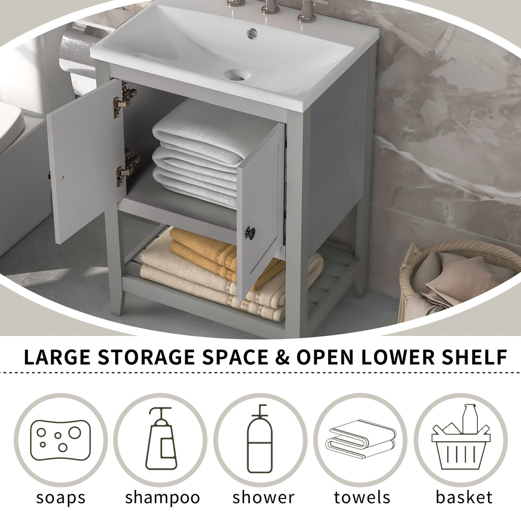 Merax Grey Bathroom Vanity and Sink Combo 24 inch Bathroom Vanities Set with Cabinet, Solid Wood Frame, Ceramic Sink