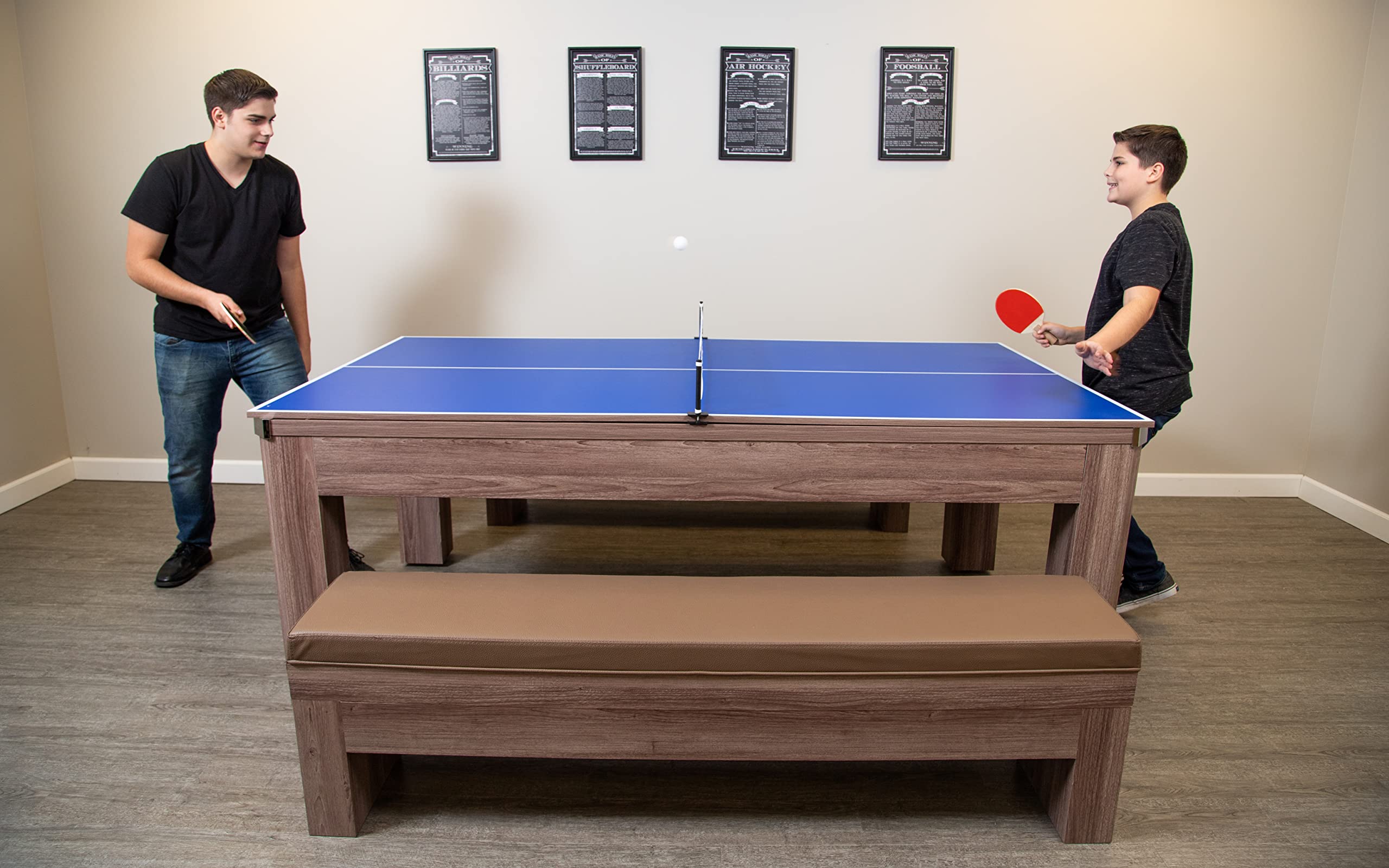 Hathaway Newport 7 Foot Dining Pool Table Combo with Game Accessories, & 2 Benches – Multifunctional Billiards Table with Ping Pong & Dining Top – Light Oak Finish, Chrome Accents, Red Felt