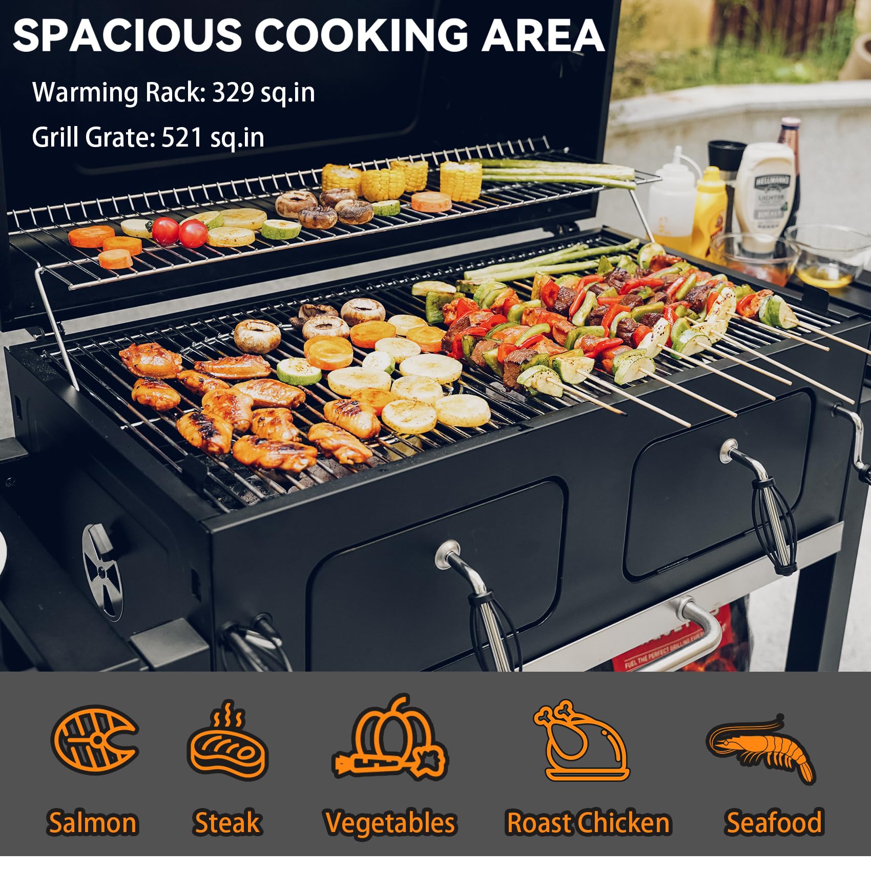 ONLYFIRE GRILLS Large BBQ Charcoal Grill with Cart & 2 Liftable Charcoal Trays, 794 SQ.IN Cooking Area, Heavy Duty Outdoor Barbecue Grill with Foldable Side Tables, Wheels & Cover, GS339