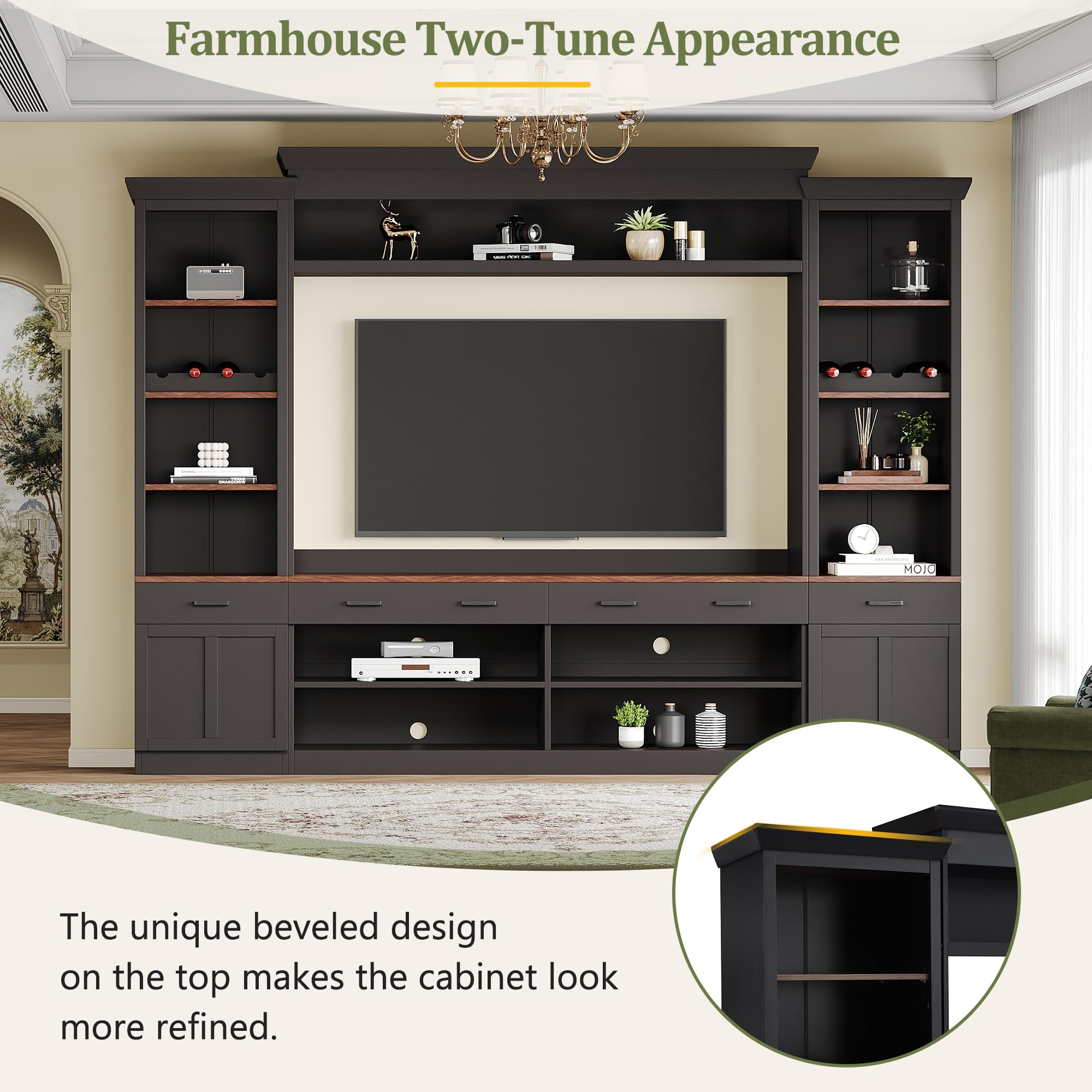Merax Minimalist Entertainment Wall Unit Set with Ample Storage Space and Adjustable Shelves, TV Stand for Televisions Up to 70'', Mid-Century Large Media Console with Wine Rack for Living Room, Black