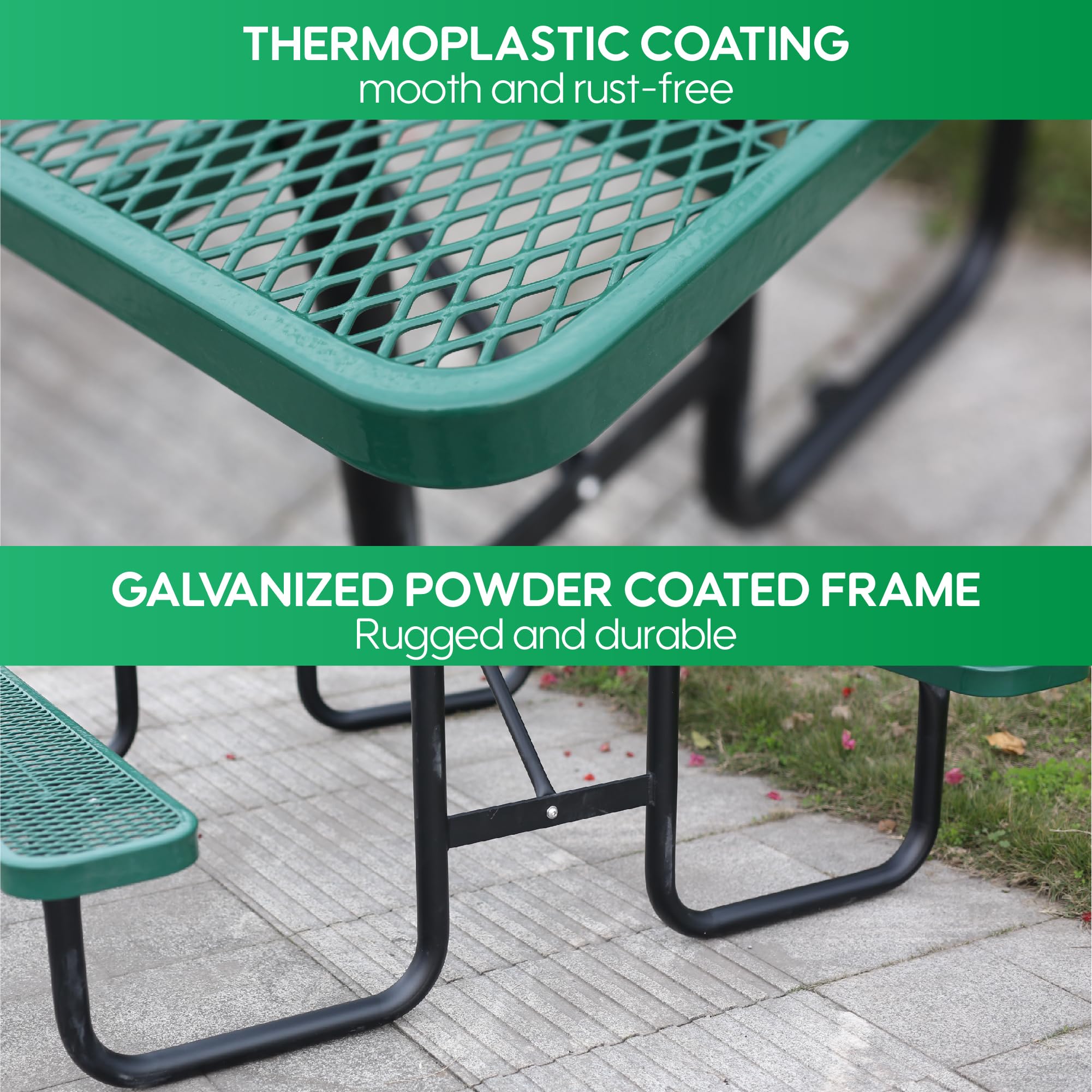 6FT Metal Picnic Tables for Outdoors, Commercial Rectangular Picnic Table and Bench Set for Outside, Patio, Garden, Backyard, Porch, Surface Mount, Green