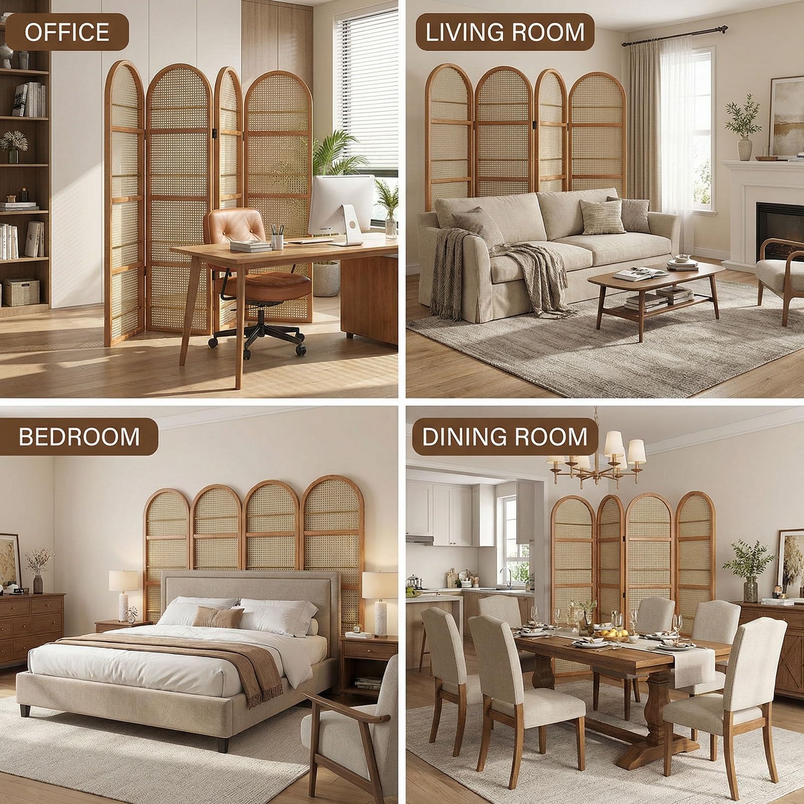 Rattan Room Divider Portable Partition with Built-in Bookshelf, 67" Foldable Privacy Screen for Room Separation, Home Office, Bedroom, 2 Panel Design
