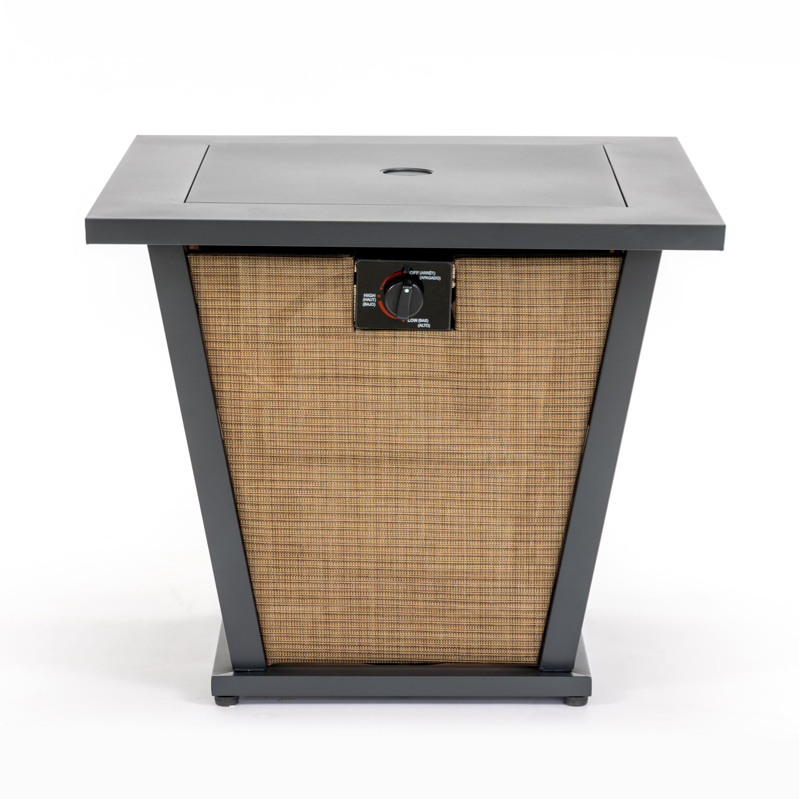 28" Propane Gas Fire Pit Table, 50000 BTU Square Outdoor Fire Pit with Steel Tabletop & Textilene Base, Patio Fire Table with Lid, Lava Rocks & Rain Cover for Backyard Deck Garden, Brown