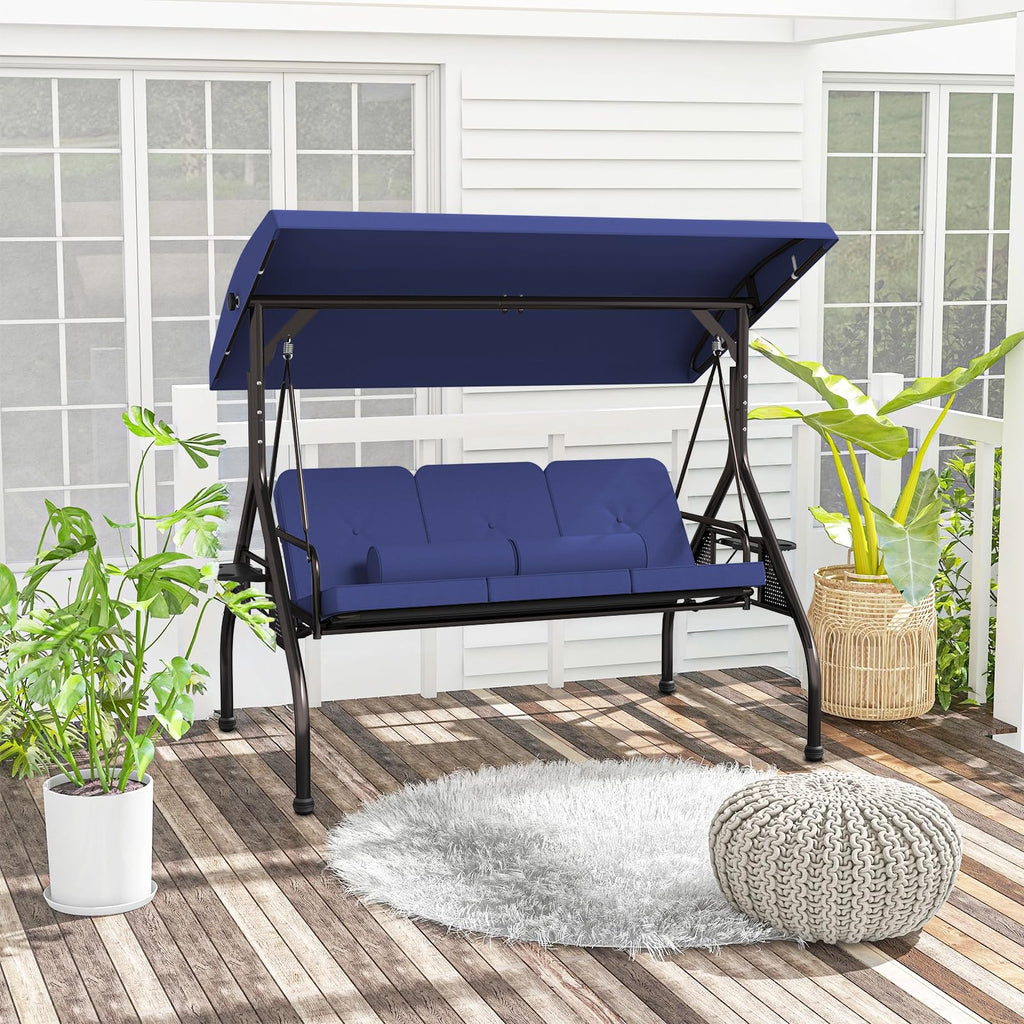 Patiomore 3 Seat Outdoor Porch Swing Bench, Adjustable Canopy Swing Chair, Convertible Backrest Swing Bed with Pillow & Cup Hold and Thicken Cushions, Dark Blue