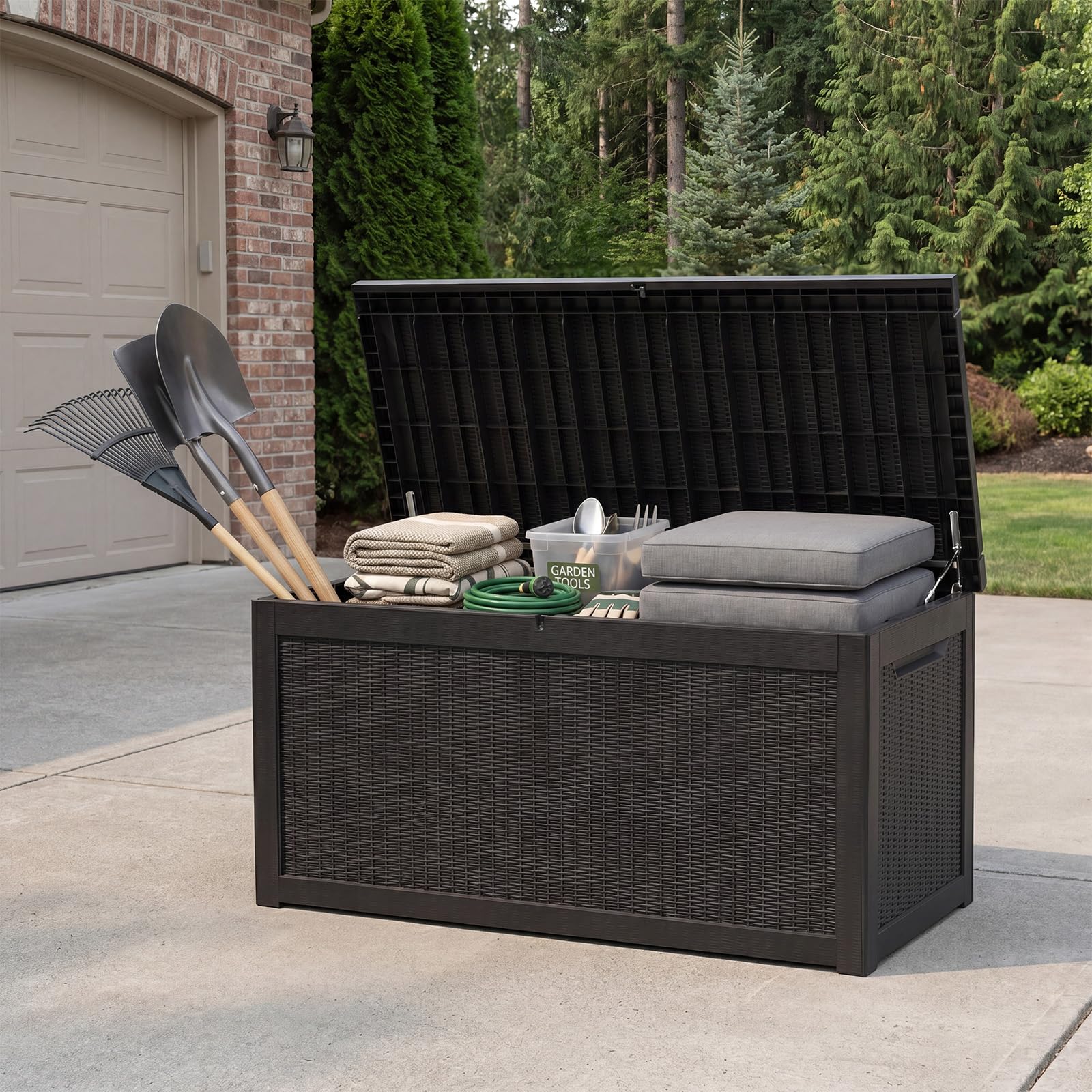 319 Gallon Extra Large Outdoor Storage Box, Waterproof Deck Box with Lockable Lid, Resin Outside Storage Box for Patio Furniture, Pool Accessories, Garden Tools, Storage Bench for Backyard,Porch,Black