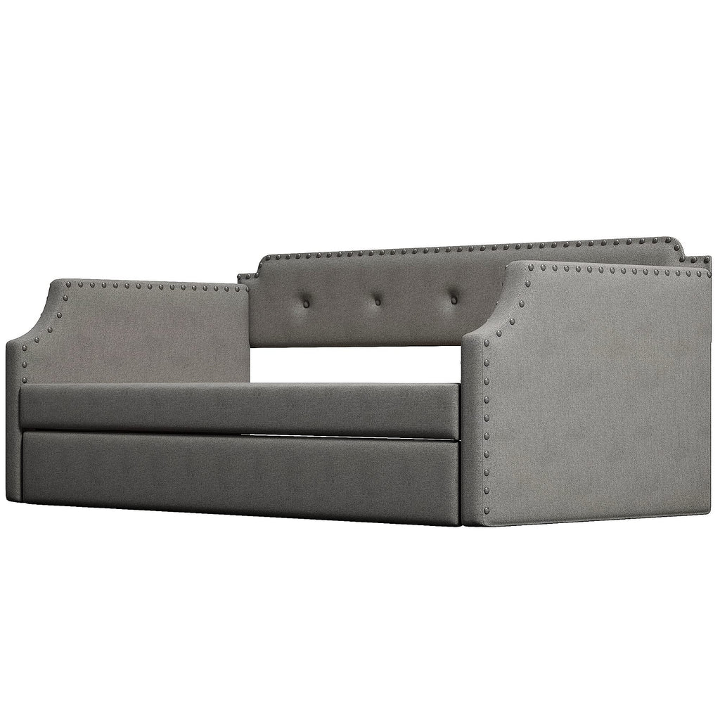 Twin Size Daybed with Trundle, Upholstered daybed with Button Tufted and Nailtrim on Arms, Sofa Bed Frame with Wood Slat Support, No Box Spring, for Living Room, Bedroom, Guest Room, Gray.