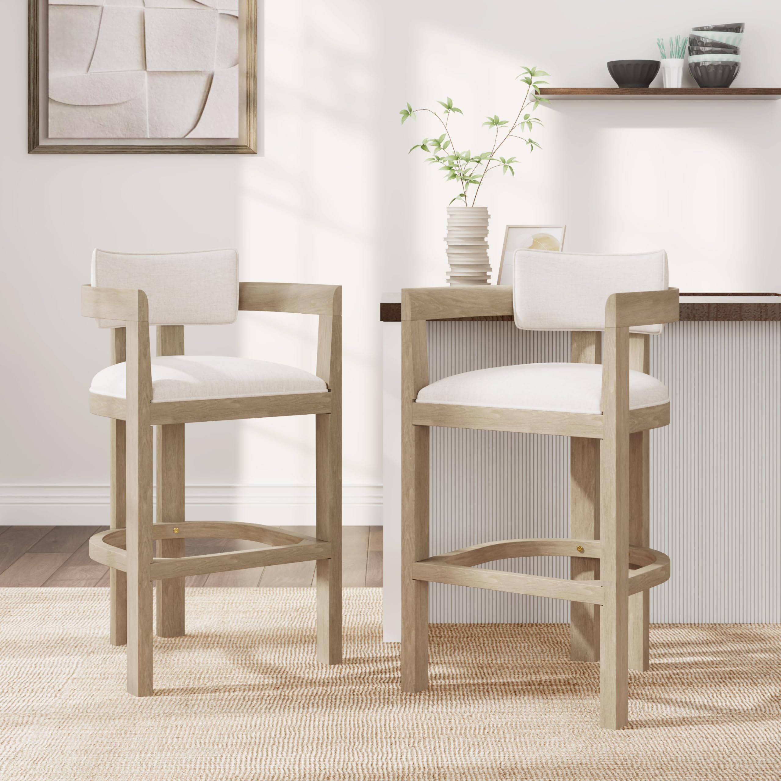 Christopher Knight Home Falcon Bar Stools Set of 2, Fabric Round Backrest Counter Height Barstool for Kitchen Island, Wooden Dining Room Chair, Bar Table Counter Stool with Footrest, Light Ash+Beige