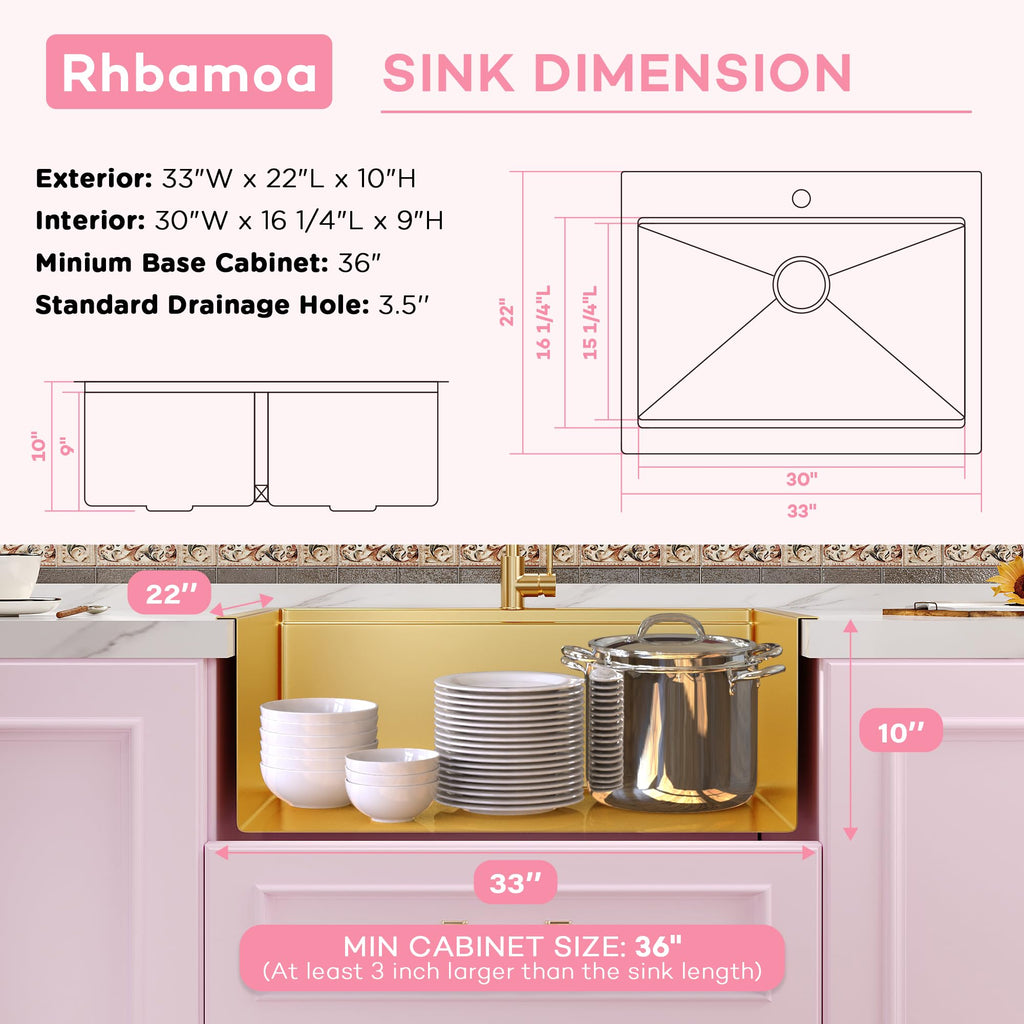 Rhbamoa 33 Inch Gold Farmhouse Sink,16 Gauge T304 Gold Single Bowl Apron Front Kitchen Farm Sink,10 Inch Depth Topmount Farmhouse Kitchen Sinks with All Golden Accessories