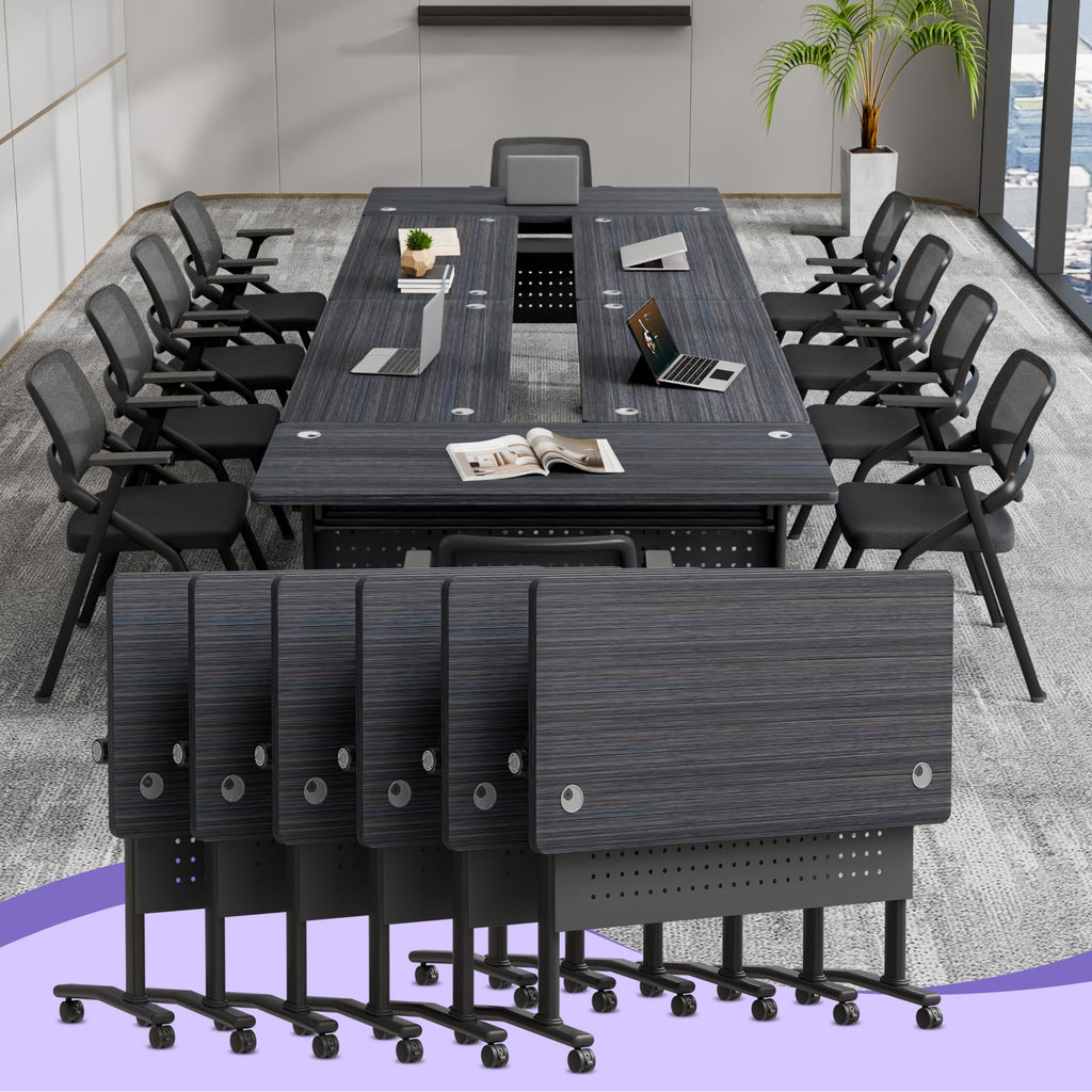 JNMDLAKO Folding Conference Room Table for 6-12 Person, Modular Mobile Large Flip-Top Training Table with Locking Wheels, Modern Rectangular Seminar Meeting Tables for Office (6, Black, 61in)