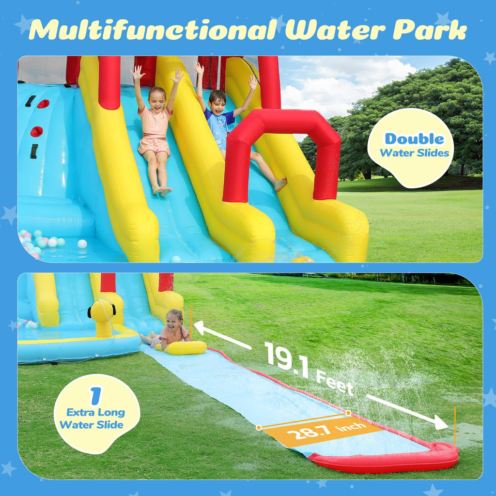 ELEMARA XL Inflatable Water Slide with 19ft Attachable Slip and Slide,Large 7 in 1 Blow Up Water Park,Bounce House for Backyard with 2 Slides,Climbing Wall,Deep Pool，Water Cannon,750W Blower for Kids