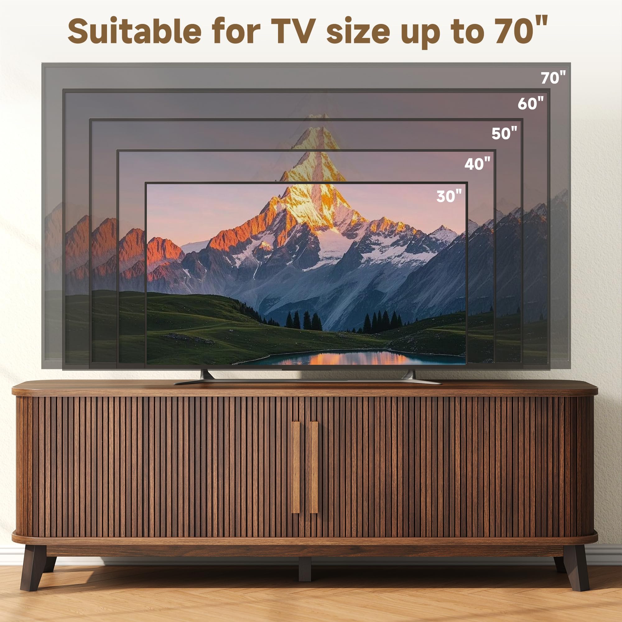 66" Mid Century Modern TV Stand, Wood Curved Entertainment Center for TVs up to 80" with Sliding Doors & Adjustable Shelves, Media Console with Storage & Solid Wood Leg for Living Room, Walnut
