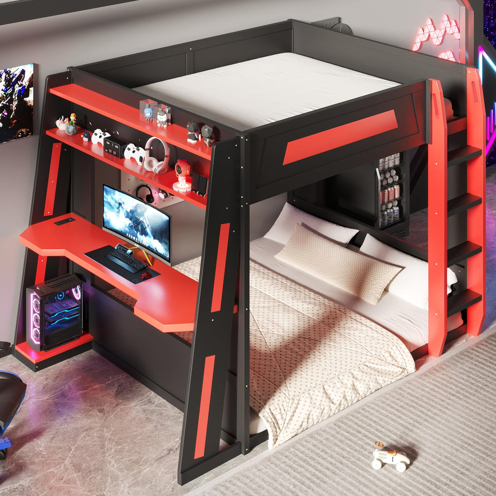 Merax Queen Over Queen Wooden Gaming Bunk Bed with Built-in Desk, LED Lights, USB Port, and 2 Storage Shelves, Solid Wood Gaming Loft Bed for for Bedroom, Black+Red