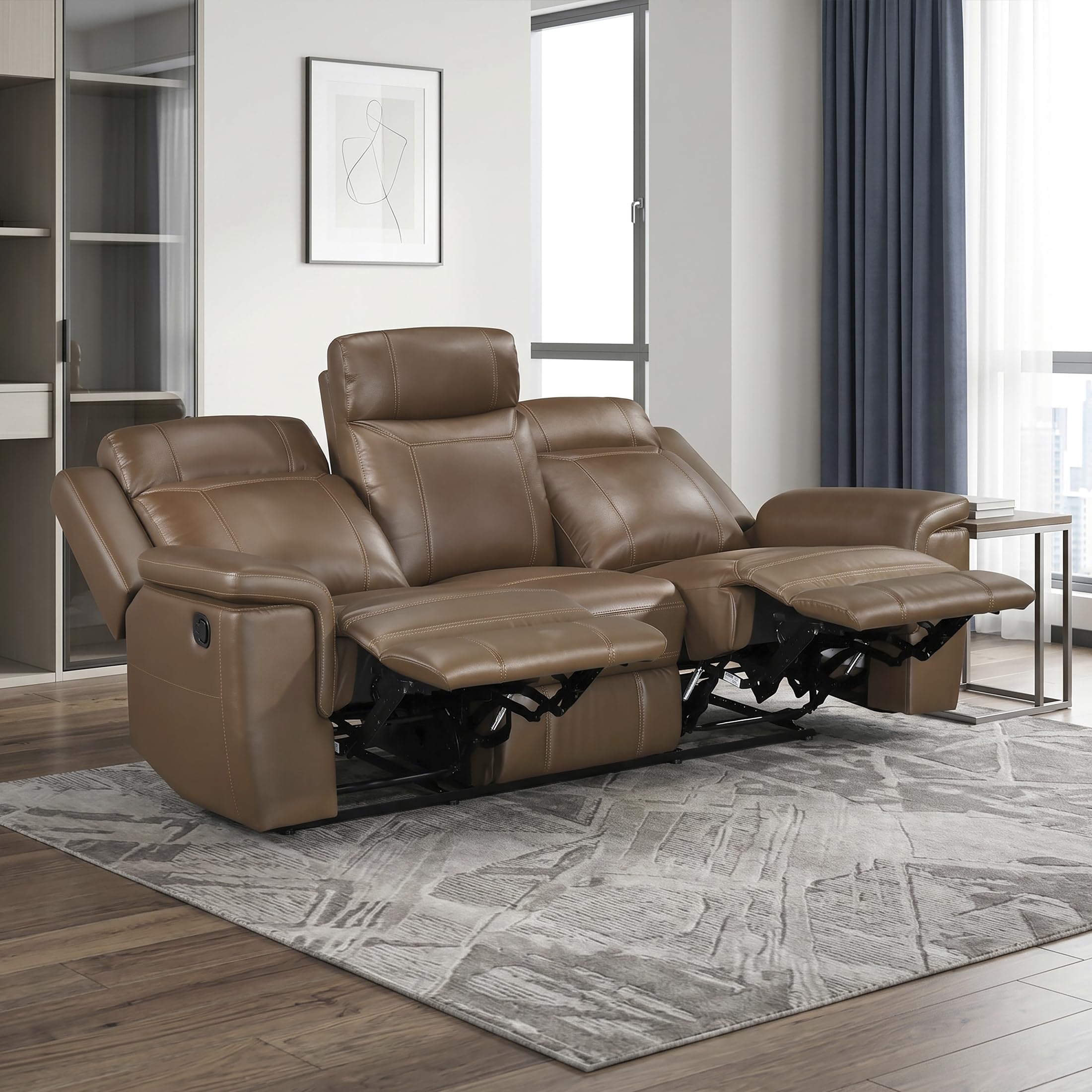 Lexicon Top Grain Leather Match Manual Reclining Sofa, Wall Hugger Reclining Sofa, Overstuffed Armrest, for Living Room/Theater Seating/Apartment, Easy Assembly, Camel