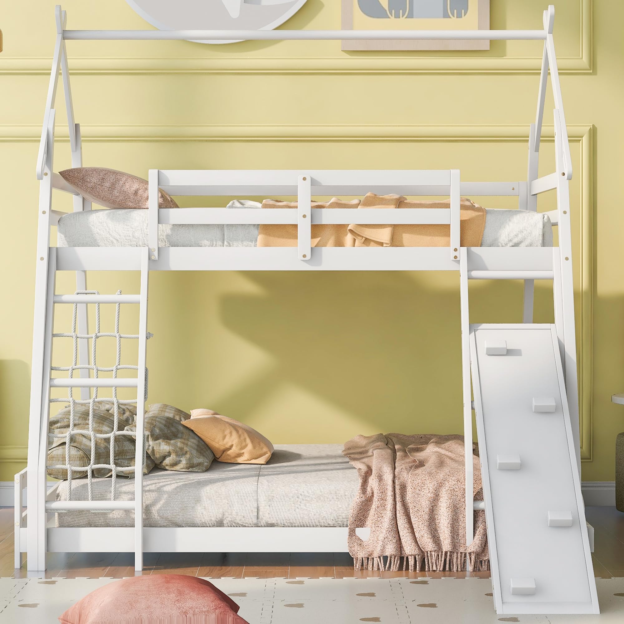 Bellemave Bunk Bed Twin Over Queen with Slides and Stairs, House Bunk Bed with Climbing Nets and Climbing Ramp for Kids, Teens, White