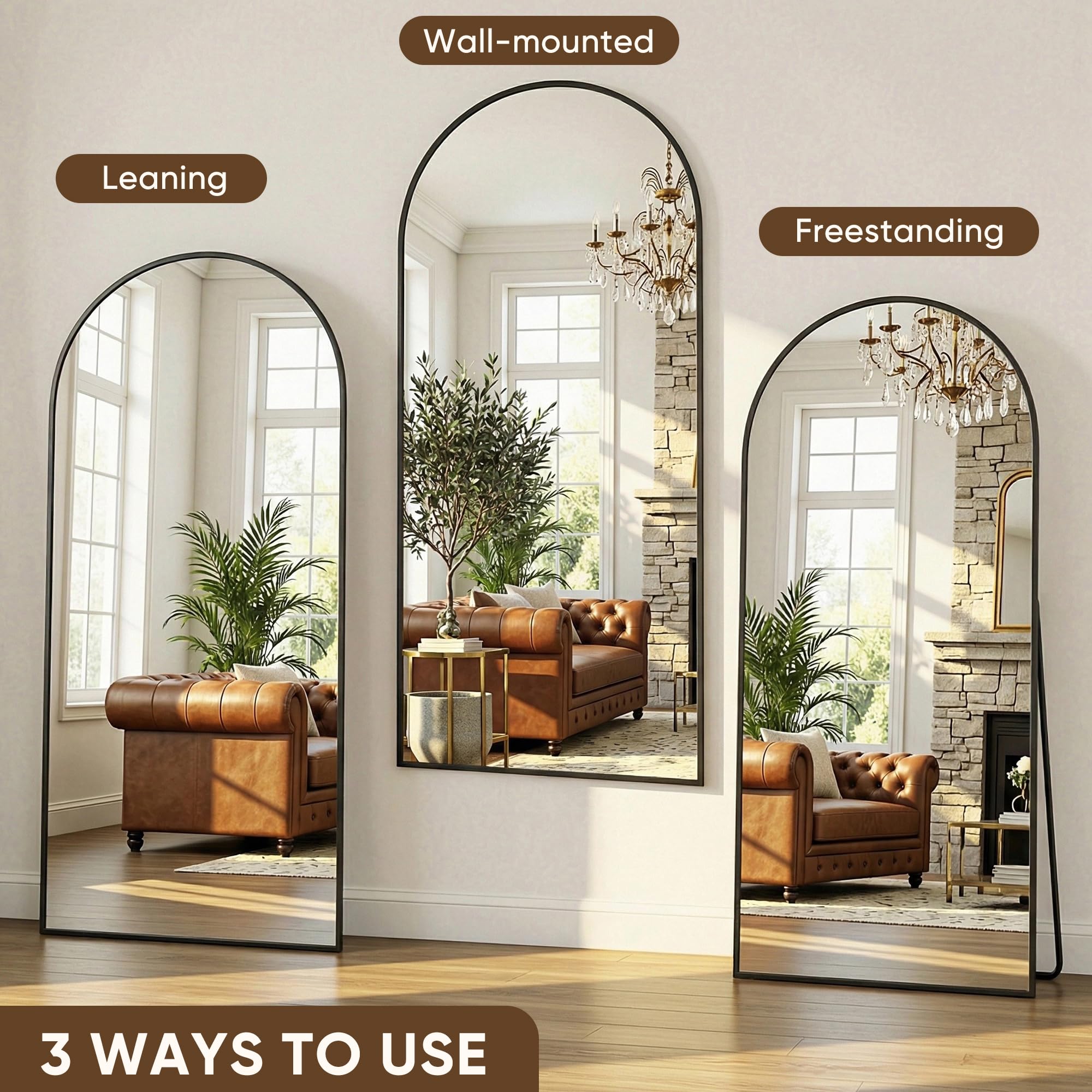 Antok Full Length Mirror, 90"x46" Floor Mirror with Stand, Hanging Mounted Mirrors for Bedroom, Living Room, Cloakroom, Dining Room, Black, Arched