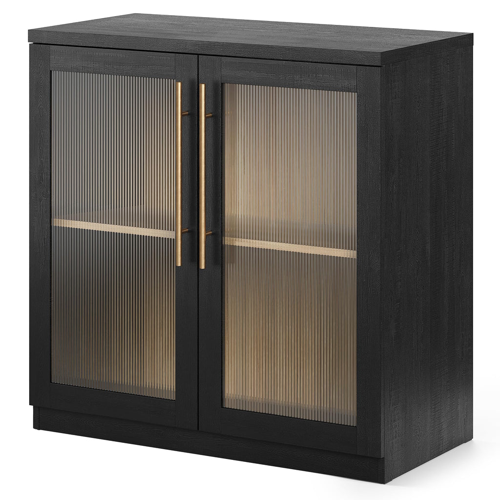 ModernMate Set of 2 Accent Sideboard Cabinets, 62" Modular Storage Buffet Table with Acrylic View Doors, Black Wood Grain Media Console with Soft-Close Hinges for Living Room, Dining Room