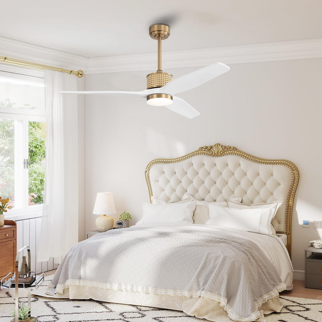 LEDLUX 52" Ceiling Fan with Light – Remote Control, Solid Wood, Quiet Reversible DC Motor, White/Gold Finish, Includes 4.5"/12" Downrods, Noiseless Ceiling Fan for Bedroom, Living Room, Porch