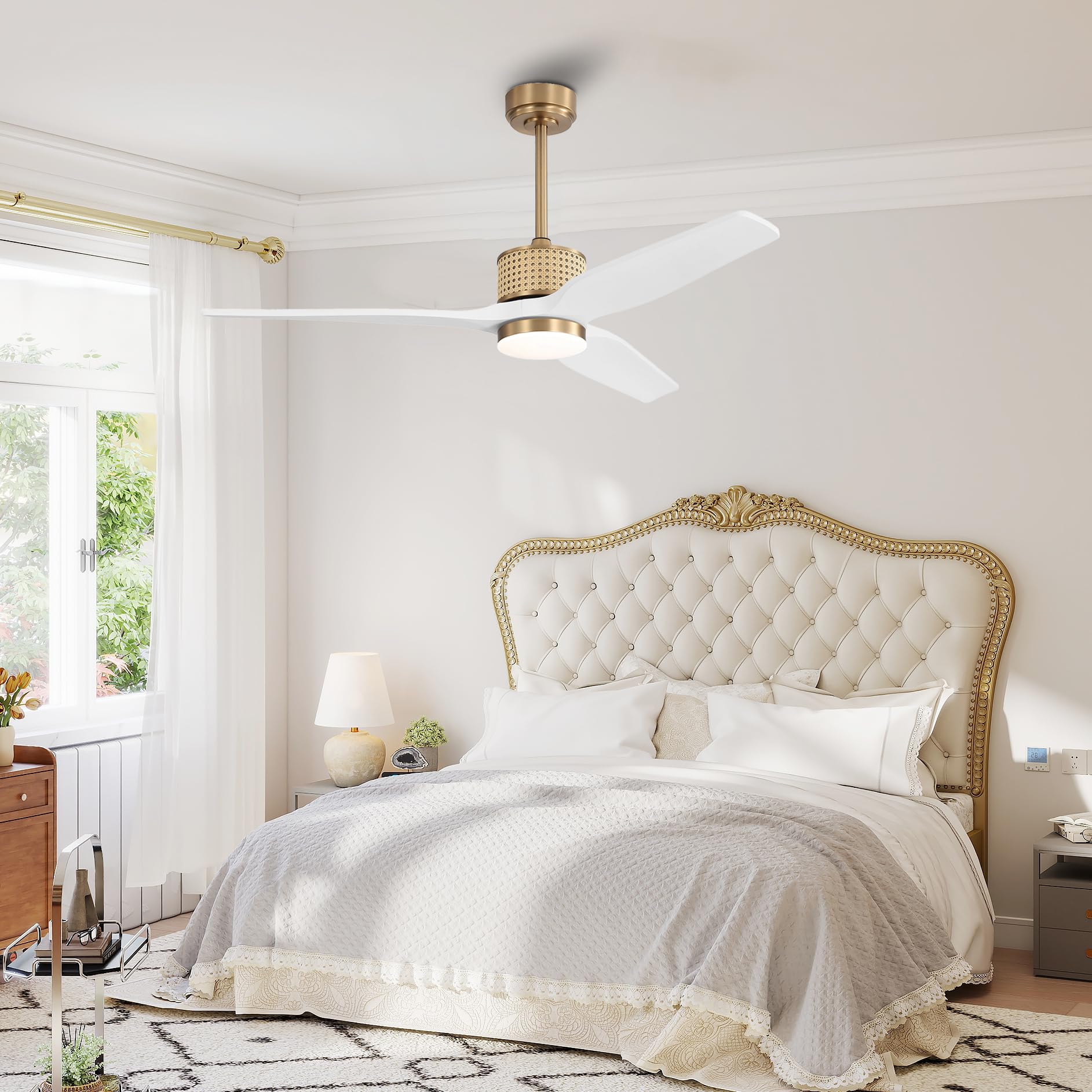 LEDLUX 52" Ceiling Fan with Light – Remote Control, Solid Wood, Quiet Reversible DC Motor, White/Gold Finish, Includes 4.5"/12" Downrods, Noiseless Ceiling Fan for Bedroom, Living Room, Porch