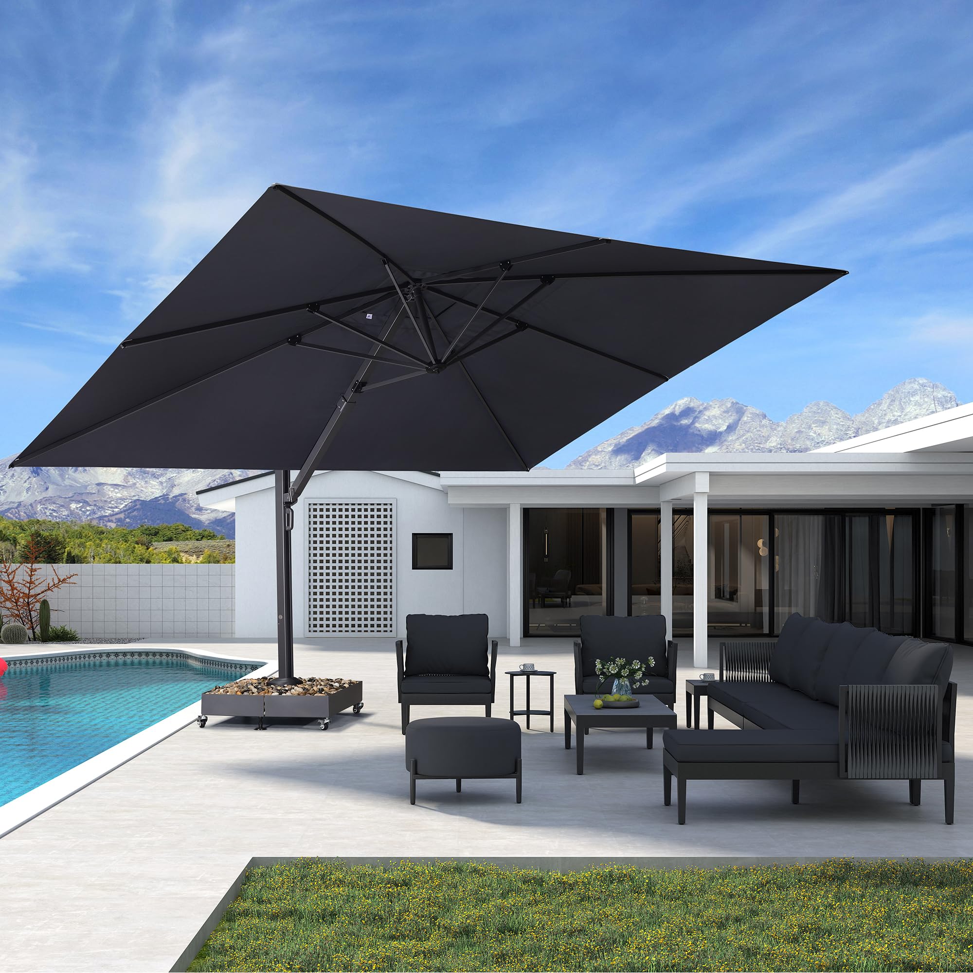 PURPLE LEAF 11' X 15' Rectangle Patio Umbrella Large Outdoor Aluminum Offset Umbrella with 360-degree Rotation Cantilever Umbrella for Garden Deck Backyard Pool Grey