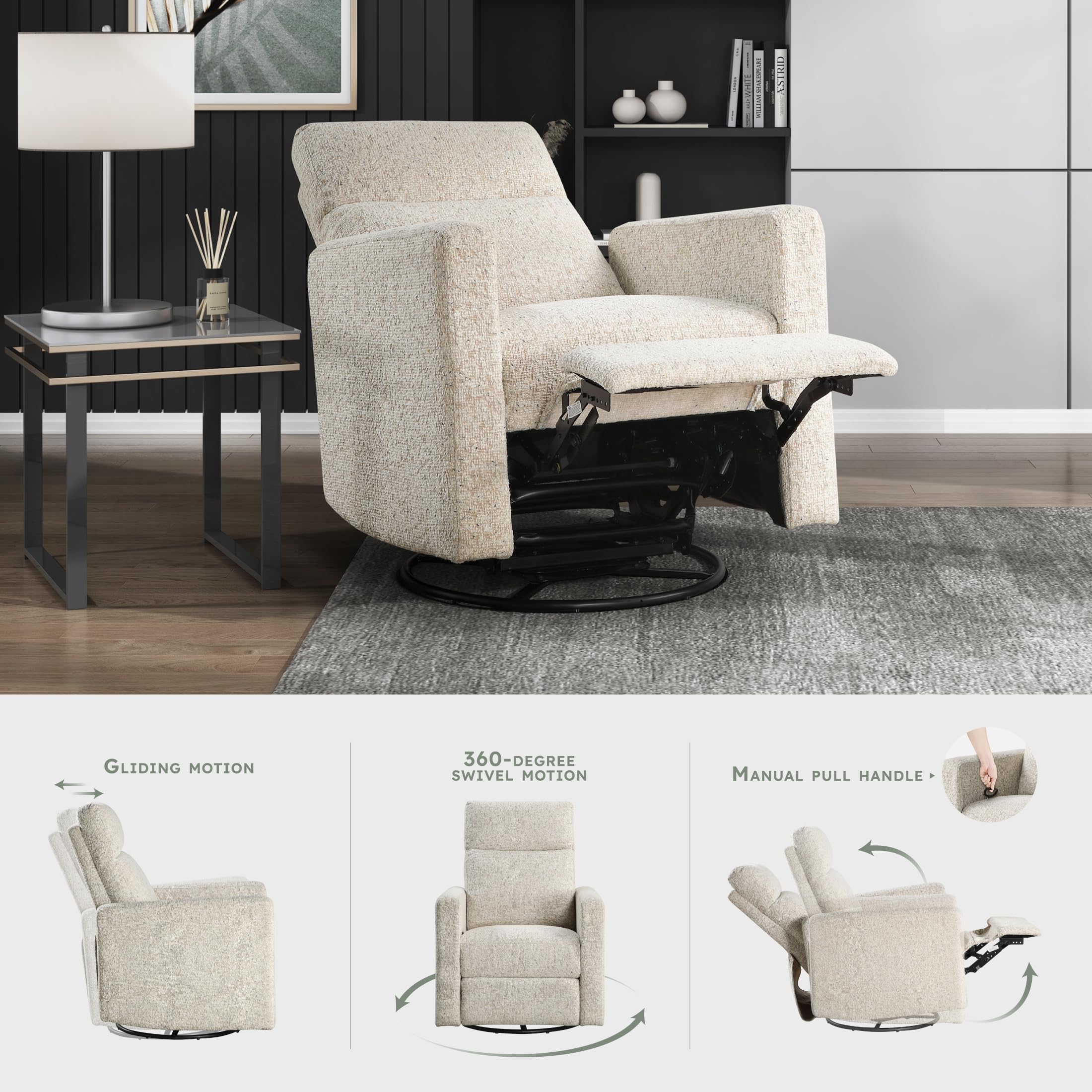 Lexicon Swivel Glider Recliner Chair, Nursery Glider, Chenille Fabric Recliner, Manual Recliner Sofa Chair for Living Room/Office/Apartment, Quartz
