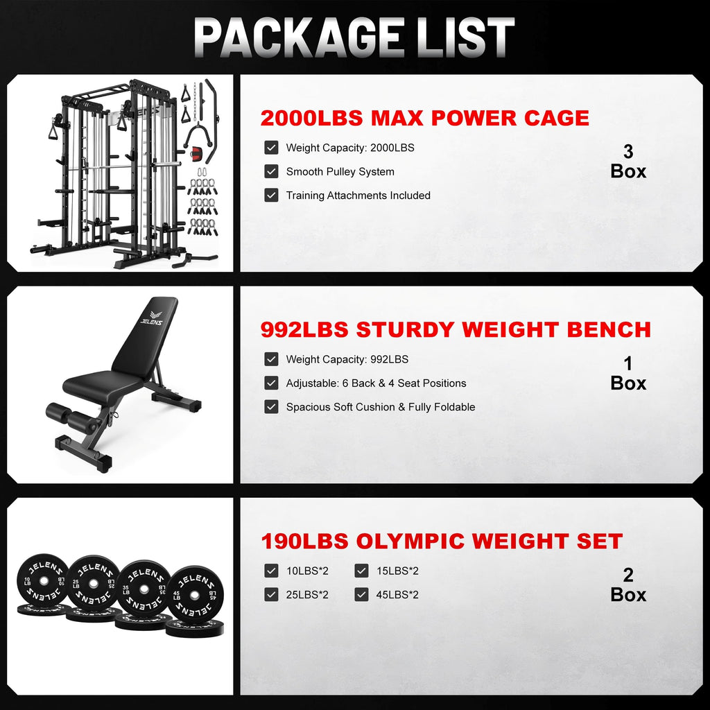 JELENS Smith Machine for Home Gym, Multi-Function M12 Power Cage, Squat Rack with Smith Bar and More Attachment (Black, 190LB Black Weights Package)