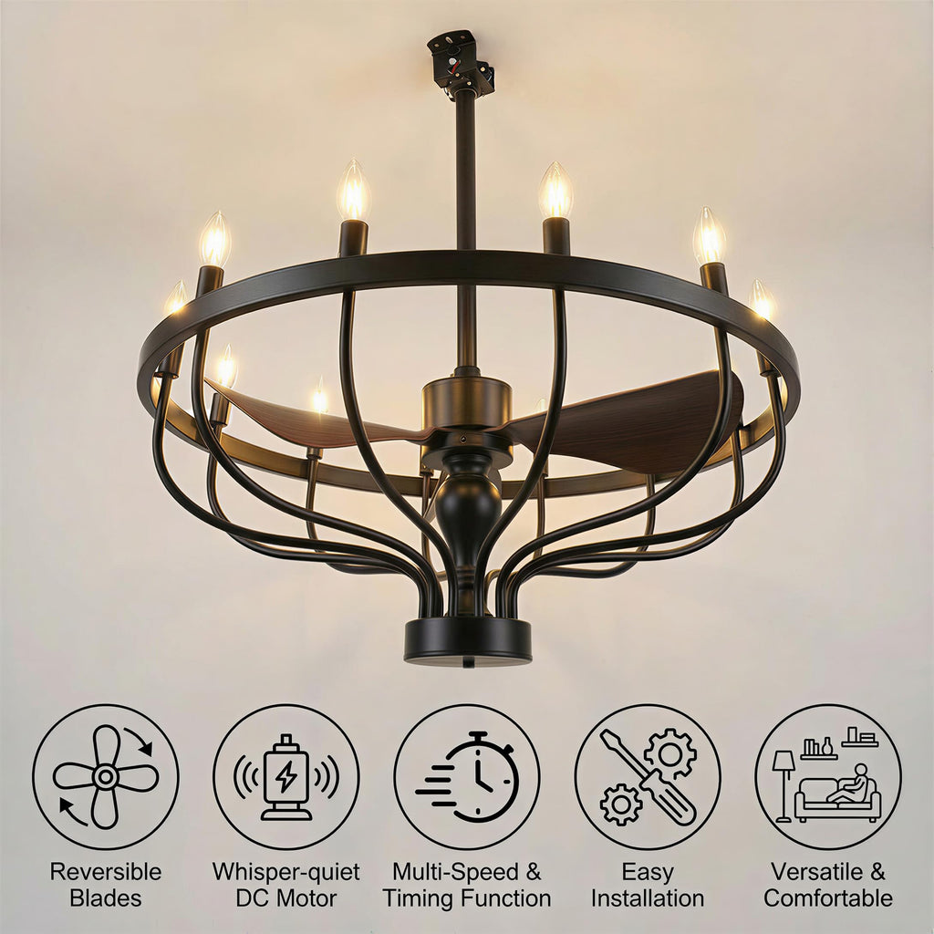 Fiqevs 32-inch Farmhouse Chandelier Fan with Remote Control, DC Motor, 12 LED Lights, Reversible Quiet Operation, Industrial Black Wagon Wheel Rustic Ceiling Fan for Bedroom and Living Room