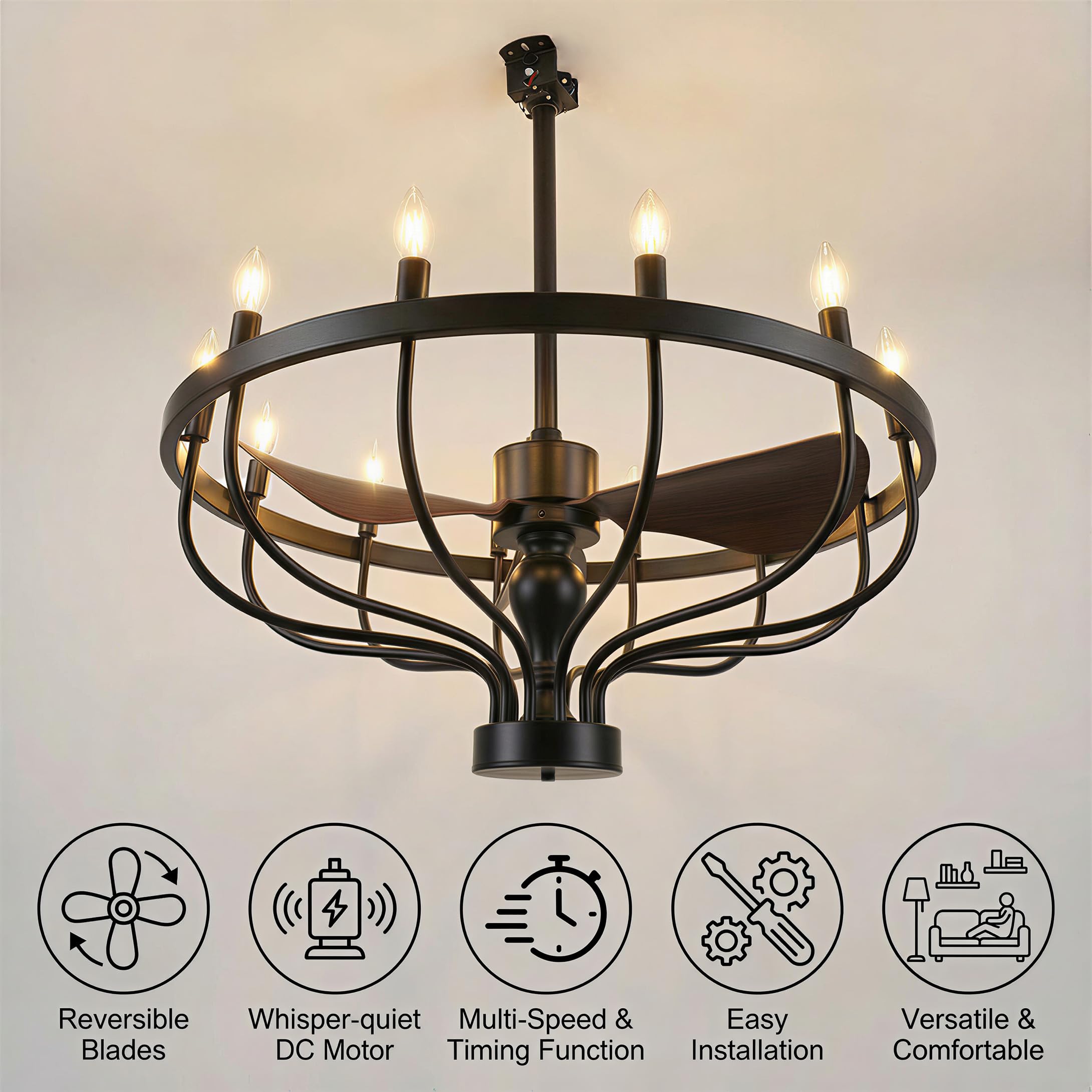 Fiqevs 32-inch Farmhouse Chandelier Fan with Remote Control, DC Motor, 12 LED Lights, Reversible Quiet Operation, Industrial Black Wagon Wheel Rustic Ceiling Fan for Bedroom and Living Room
