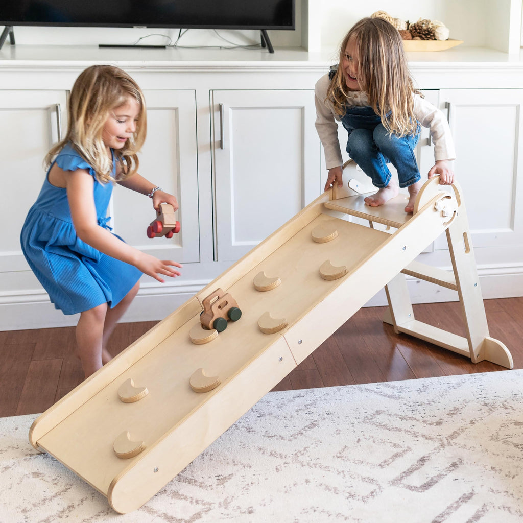 Little Partners 2-in-1 Folding Learn 'N Slide Wooden for Toddlers, Dual-Sided Children's Indoor Wood Climber with Smooth Surface and Side with Safety Grips (Natural)