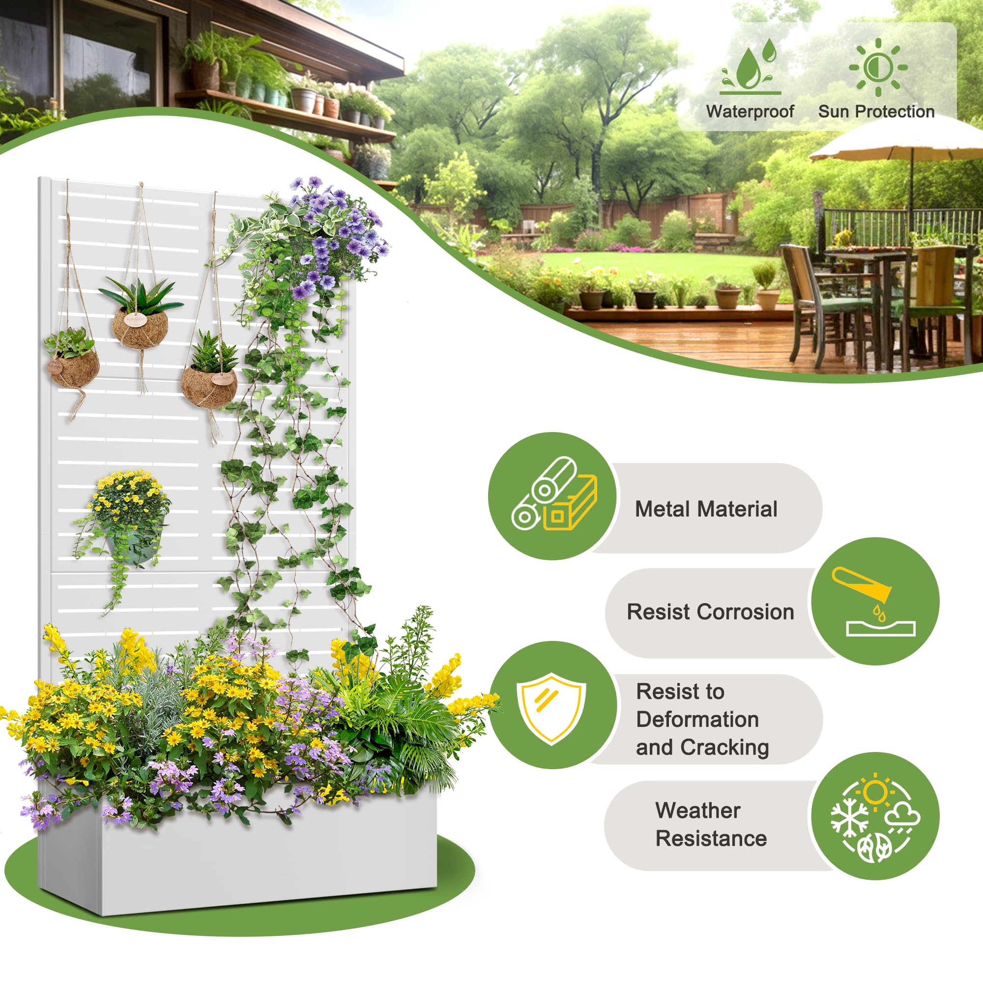 FENCY Metal Raised Garden Bed with Trellis, Metal Planter Box with Trellis, Garden Box for Climbing Plants Vegetable, 35" Lx16 Wx71 H Garden Bed with Drainage Holes(White-Louvered)