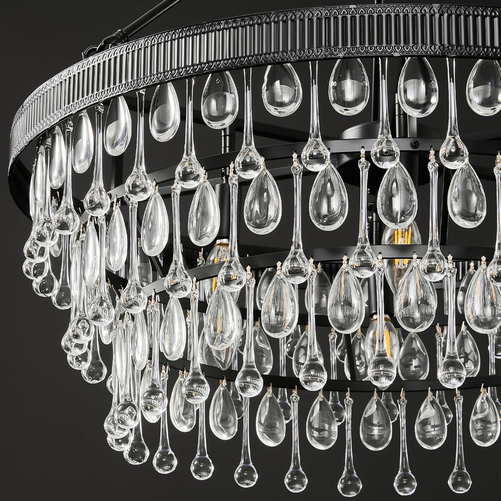 Black Modern Raindrop Crystal Chandelier: 28" Round K9 Crystals Contemporary Chandeliers for Dining Room Lights over Table - Adjustable Large Light Chandelier for Bedroom Living Kitchen Entryway Foyer