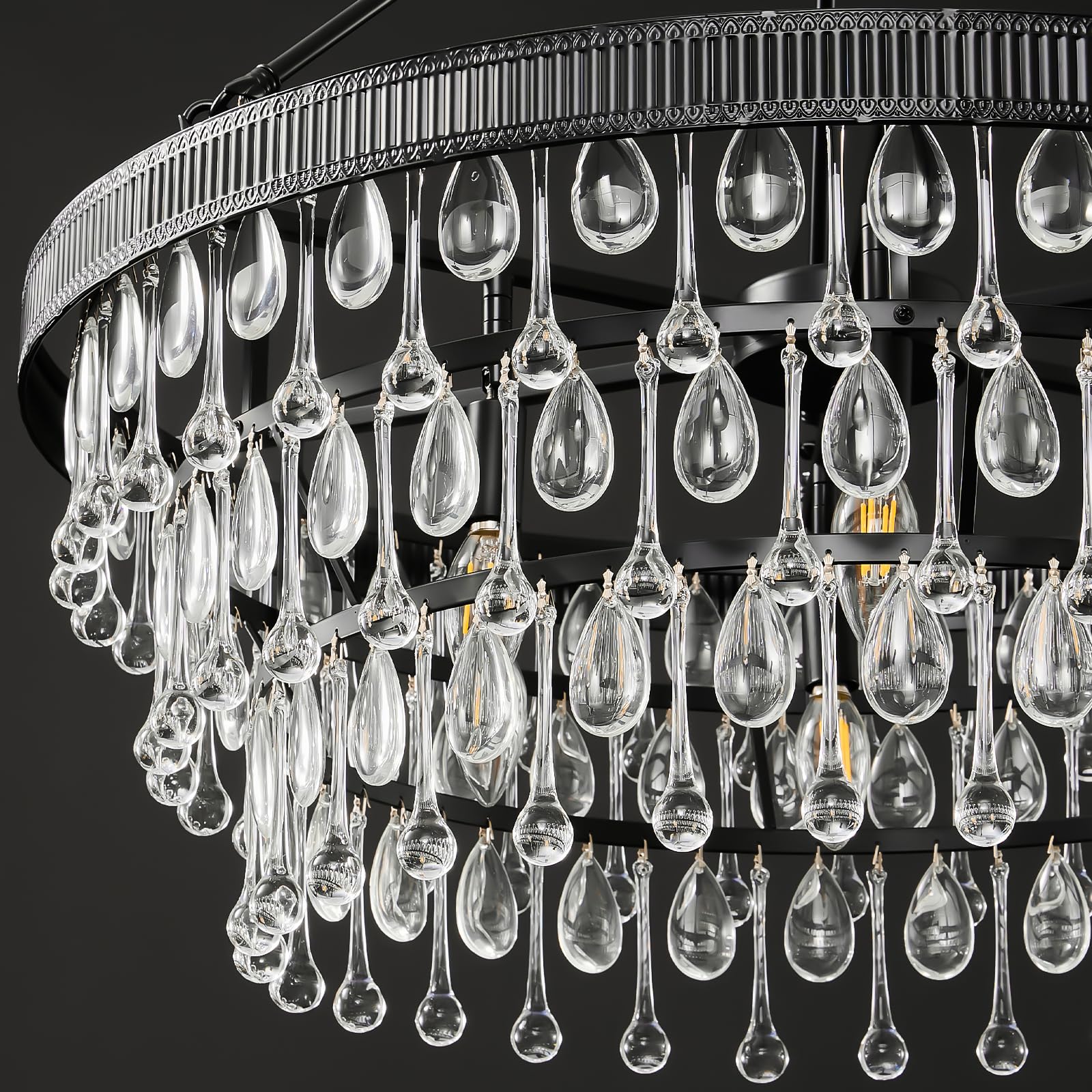 Black Modern Raindrop Crystal Chandelier: 28" Round K9 Crystals Contemporary Chandeliers for Dining Room Lights over Table - Adjustable Large Light Chandelier for Bedroom Living Kitchen Entryway Foyer