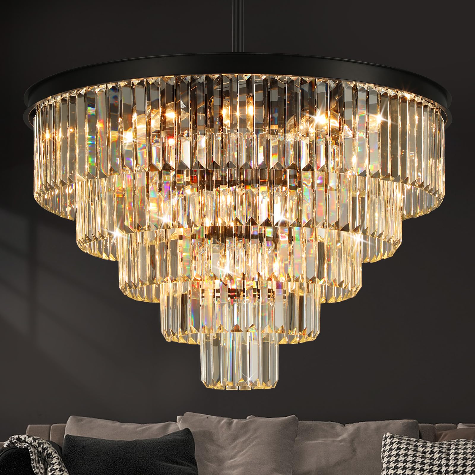Crystal Chandeliers for Dining Room Lights Fixture Over Table, 20 Lights Black Modern Chandeliers for Living Room, 5-Tier Round Crystal Lighting Fixtures for Bedroom Entryway Kitchen Island D30 Inch