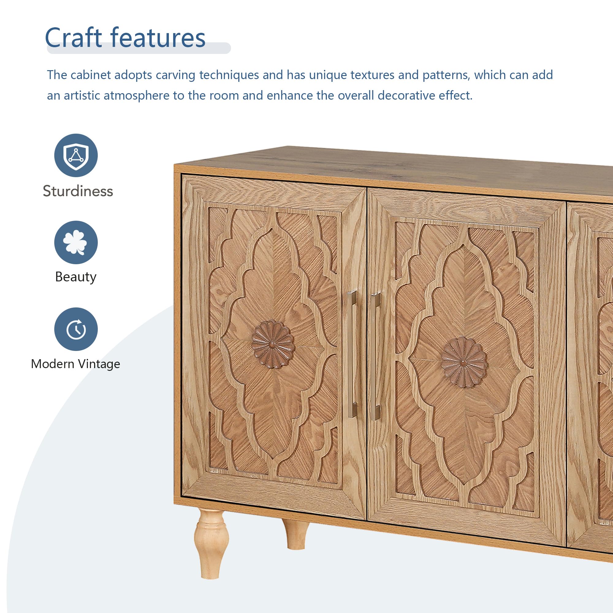 ERYE Mid-Century Modern Carved Flower 4-Door Functional Buffets Sideboard with Shelves and Metal Handles Accent Perfect for Kitchens, Dining Room, Entryway,Living Space
