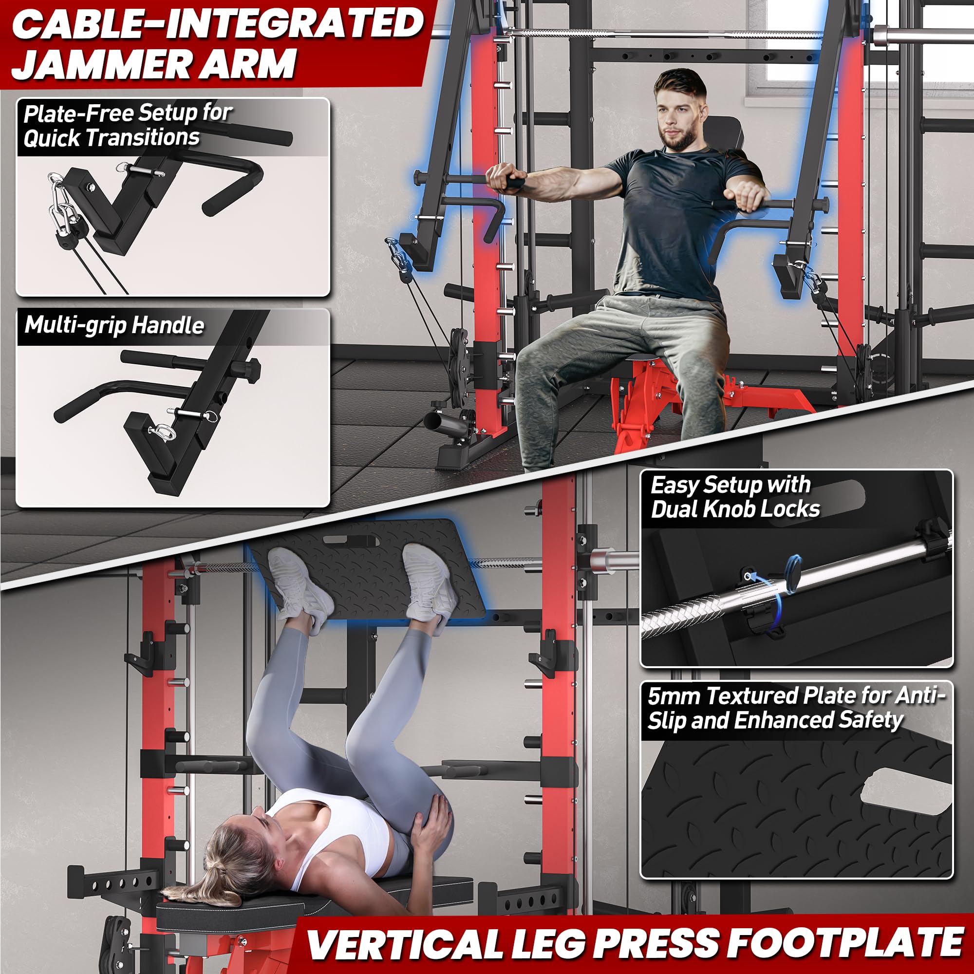 RitKeep PMAX-4750 Smith Machine with Jammer Arms and Leg Press Board, Adjustable 1:1 and 2:1 Pulley Ratios, 1800 LB Capacity,Multi-Function Commercial and Home Gym Equipment for Strength Training