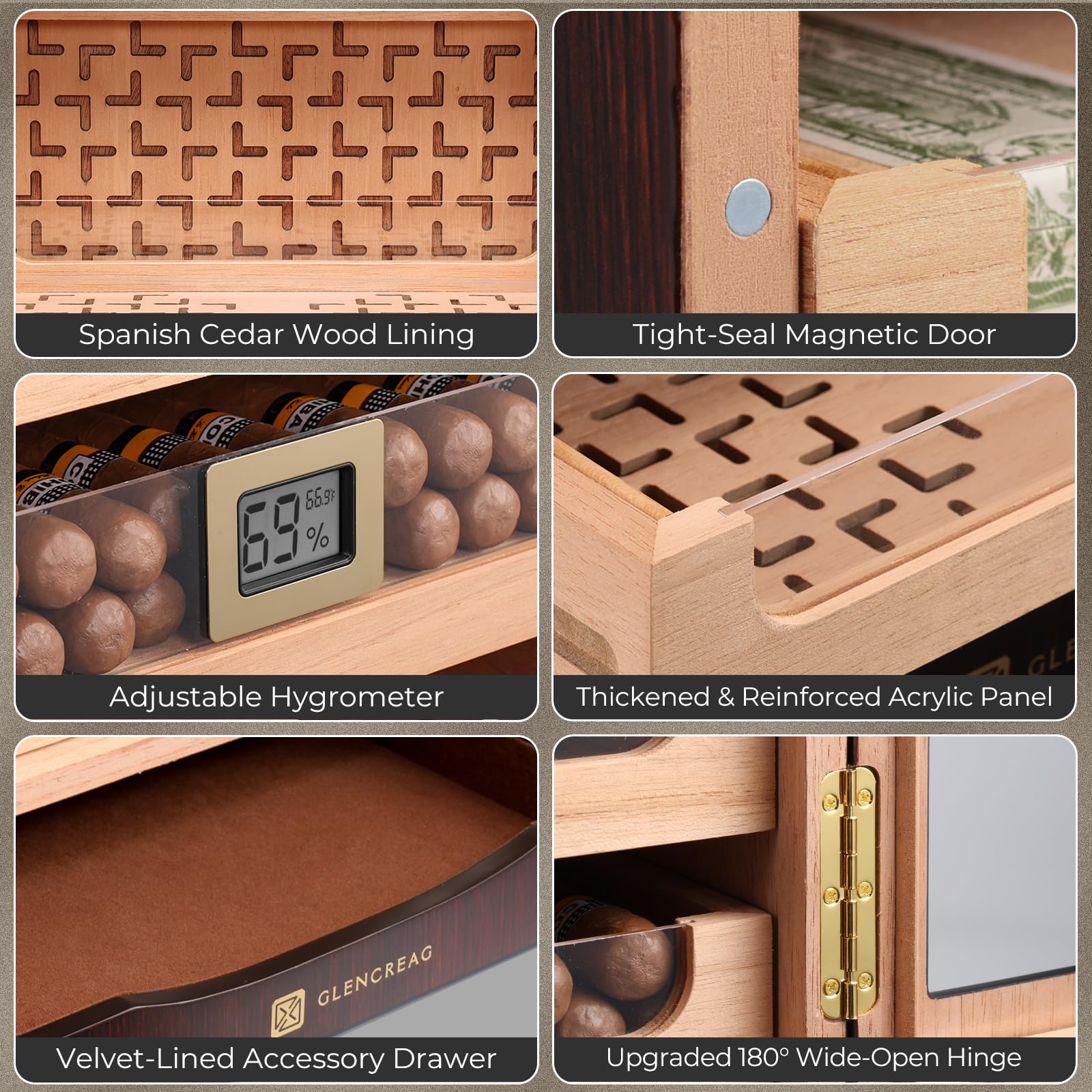 GLENCREAG M26FM-B Cigar Humidor Cabinet for 250 Cigars – Spanish Cedar Lining, Digital Hygrometer, Magnetic Seal, 5 Drawers & Accessory Storage, Transparent Top View Window– Gift for Cigar Aficionados
