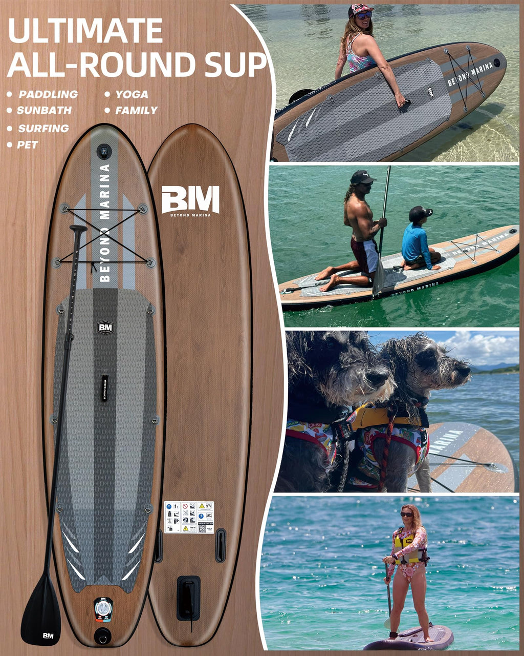 BM Paddle Board Inflatable Stand Up Paddle Board, SUP Paddleboard for Adult, Premium Accessories | Non-Slip EVA Deck & Foam Handles, Camera Mount, Double Action Pump, 85L Travel Backpack, Teak