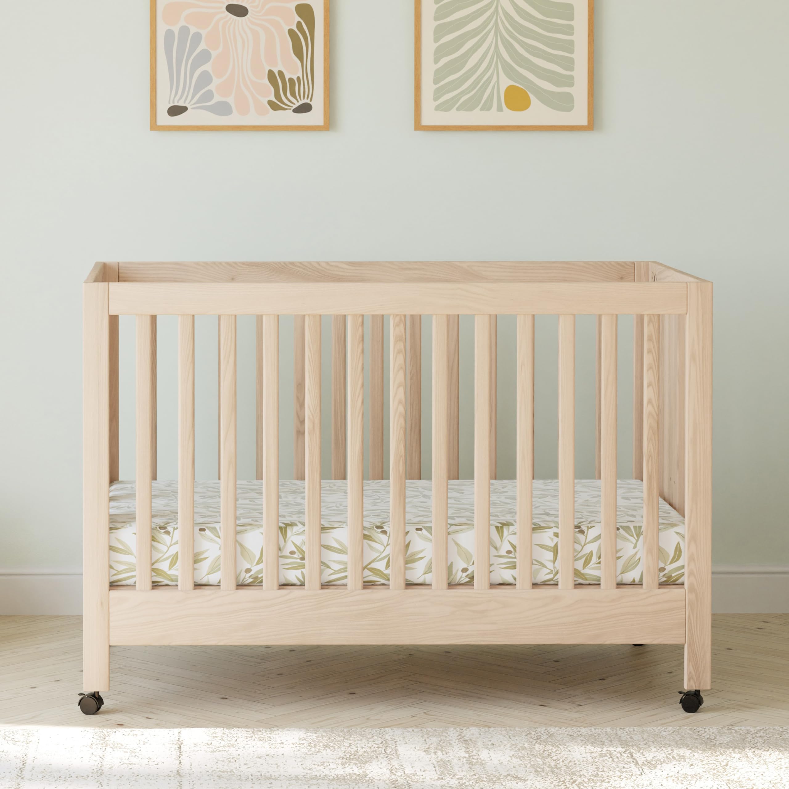 Babyletto Maki Full-Size 2-in-1 Portable Folding Crib with Toddler Bed Conversion Kit in Washed Natural, Greenguard Gold Certified