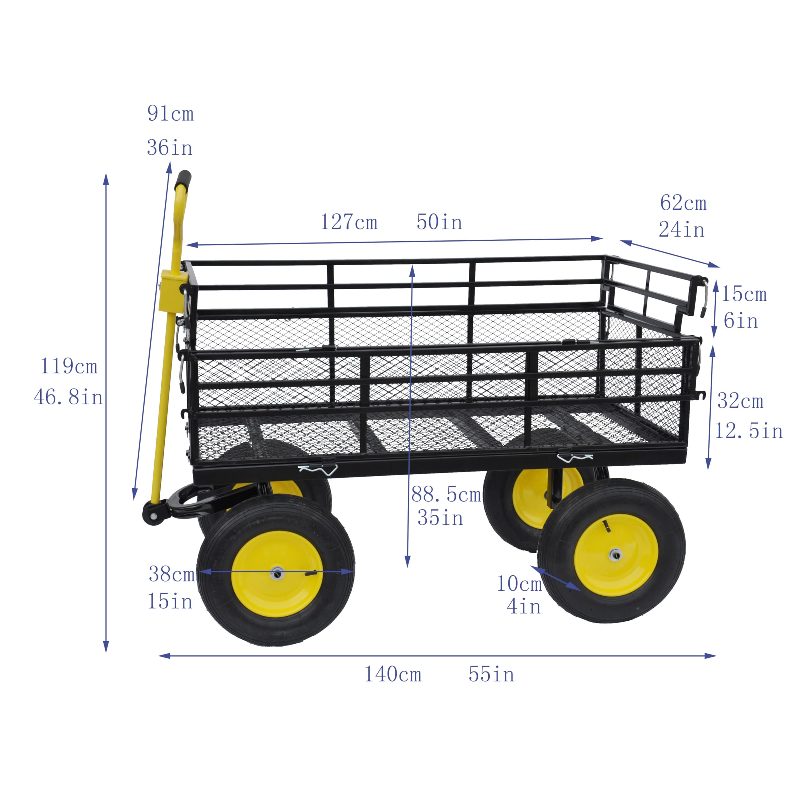 Heavy-Duty Iron Garden Cart Wagon with 1100 lbs Capacity, 15 inch Pneumatic Tires for Firewood, Debris & Outdoor Tasks - 55" L x 24" W x 46.8" H,Yellow & Black