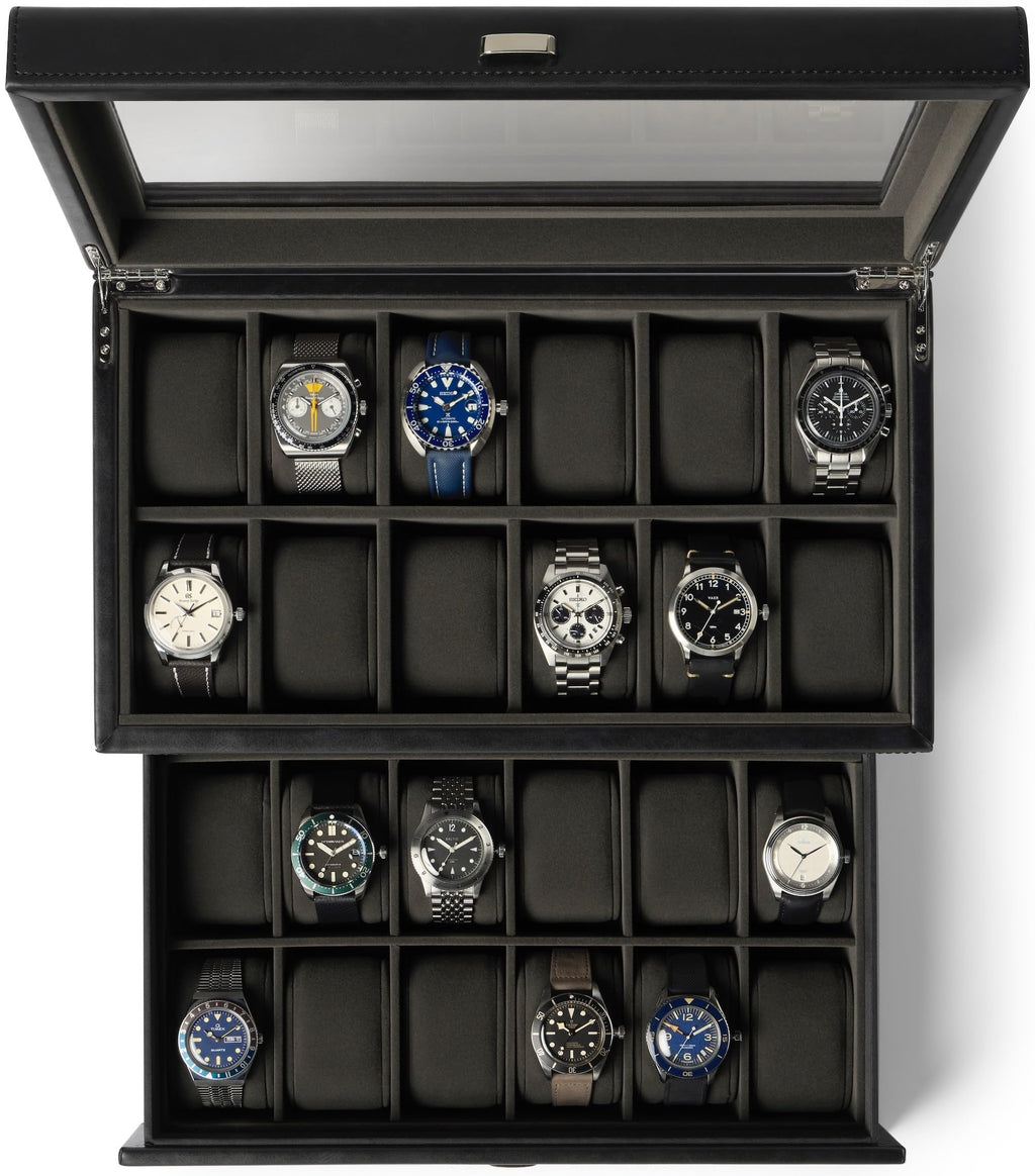 TAWBURY Watch Box for Men - Extra Large 24 Slot Watch Case with Real Glass Display, Removable Drawer and 2-inch Wide Pillows for Large Watches (Black/Charcoal)